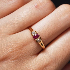Antique Edwardian 18ct Gold Pink Ruby & Old Cut Diamond Three Stone Belcher Ring