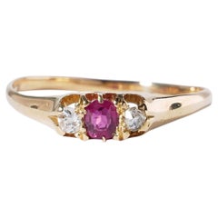 Antique Edwardian 18ct Gold Pink Ruby & Old Cut Diamond Three Stone Belcher Ring