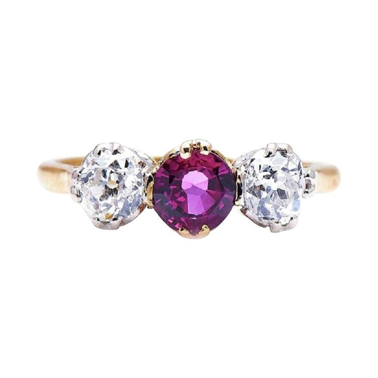 Antique, Edwardian, 18ct Gold, Platinum, Ruby and Diamond Three-Stone Ring For Sale