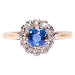 Antique, Edwardian, 18 Carat Gold, Sapphire and Diamond Cluster Engagement Ring