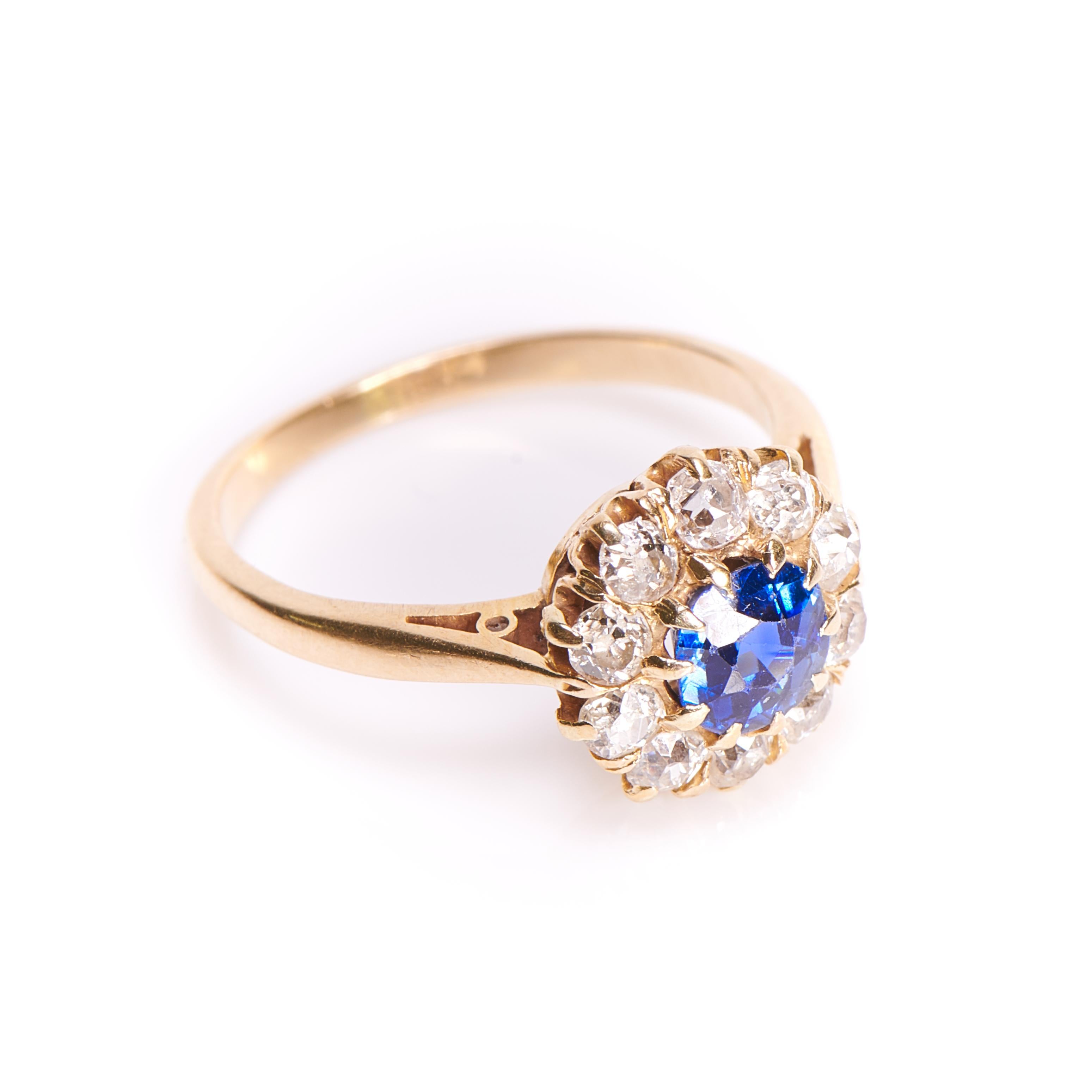 Round Cut Antique, Edwardian, 18 Carat Gold Sapphire and Diamond Engagement Ring