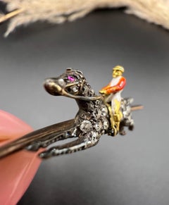Antique Edwardian 18ct Gold, Silver & Enamel Diamond Horse and Jockey Brooch