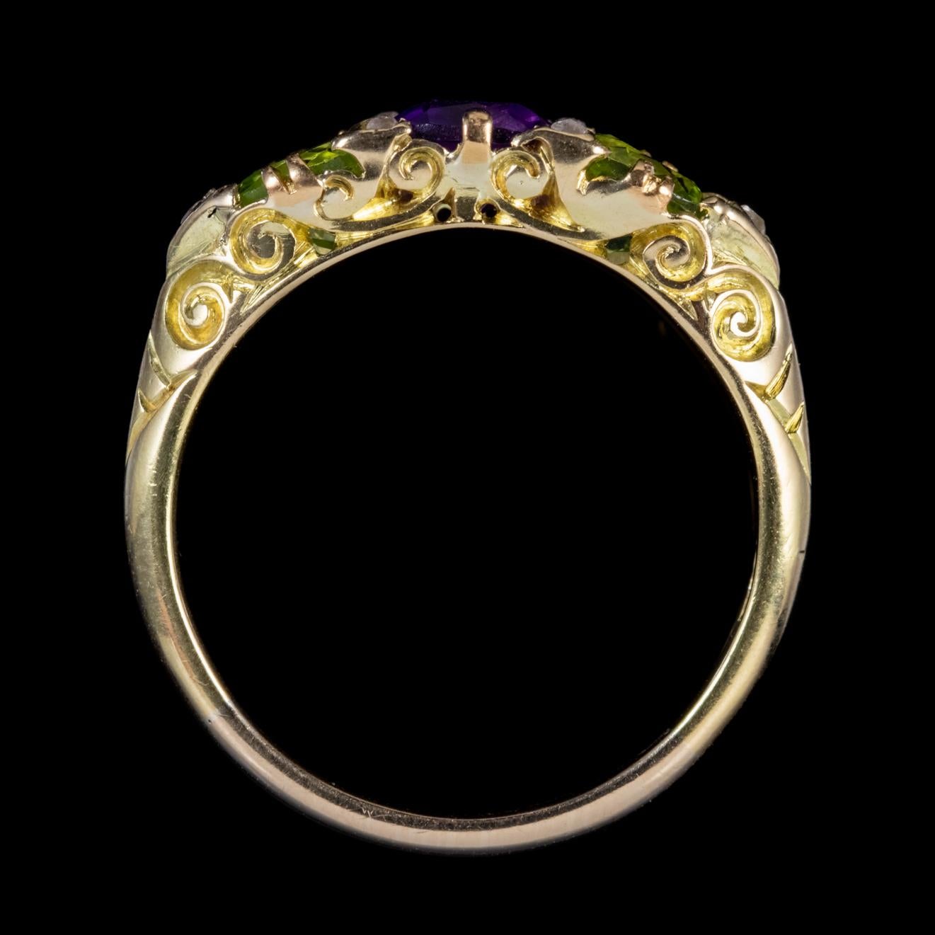 Edwardian 18 Carat Gold Suffragette Ring Peridot Amethyst Diamond, circa 1915 1