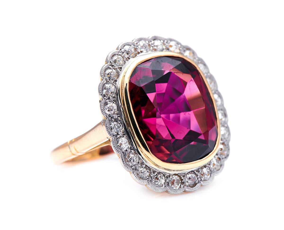 Tourmaline and diamond ring, circa 1900. Tourmalines come in perhaps the widest variety of colour of all gemstones, including various shades of pink, from light delicate floral shades to deeply saturated purplish pinks caused by manganese, known as