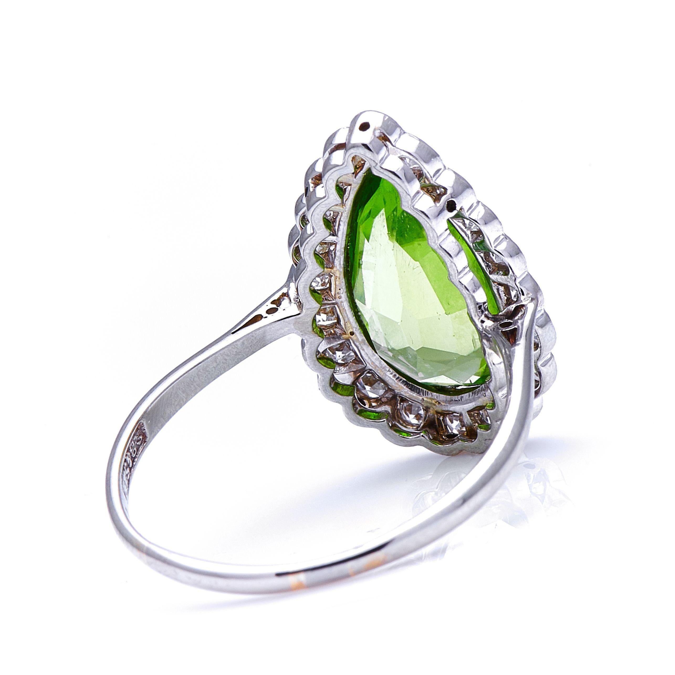 Pear Cut  Antique, Edwardian, 18 Carat White Gold, Peridot and Diamond Cluster Ring For Sale