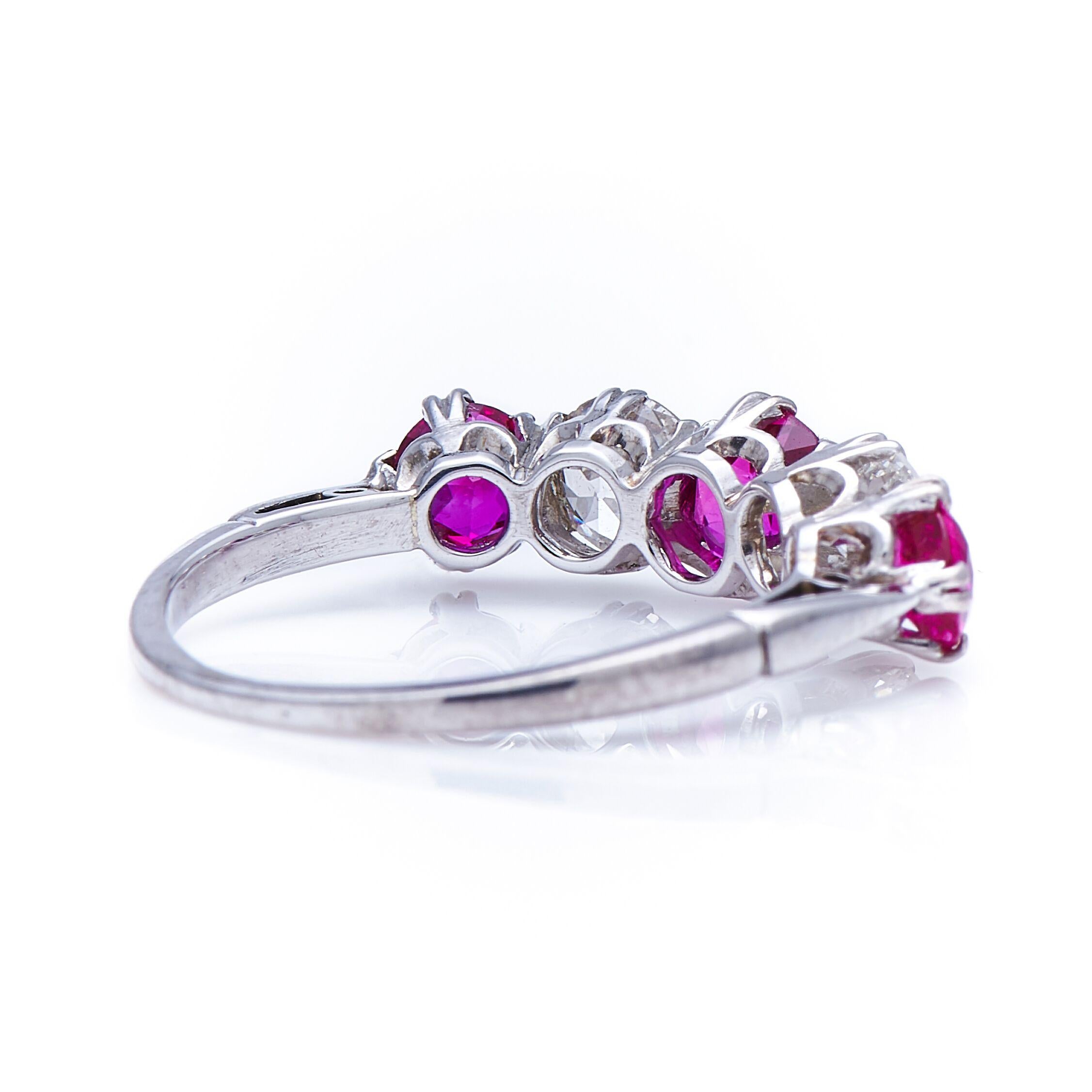 Old European Cut Antique, Edwardian, 18 Carat White Gold, Ruby and Diamond Five-Stone Ring