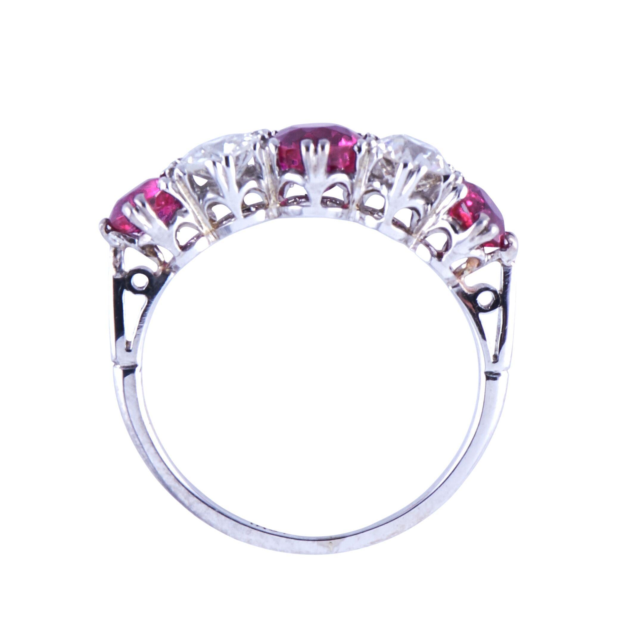 Antique, Edwardian, 18 Carat White Gold, Ruby and Diamond Five-Stone Ring In Excellent Condition In Rochford, Essex