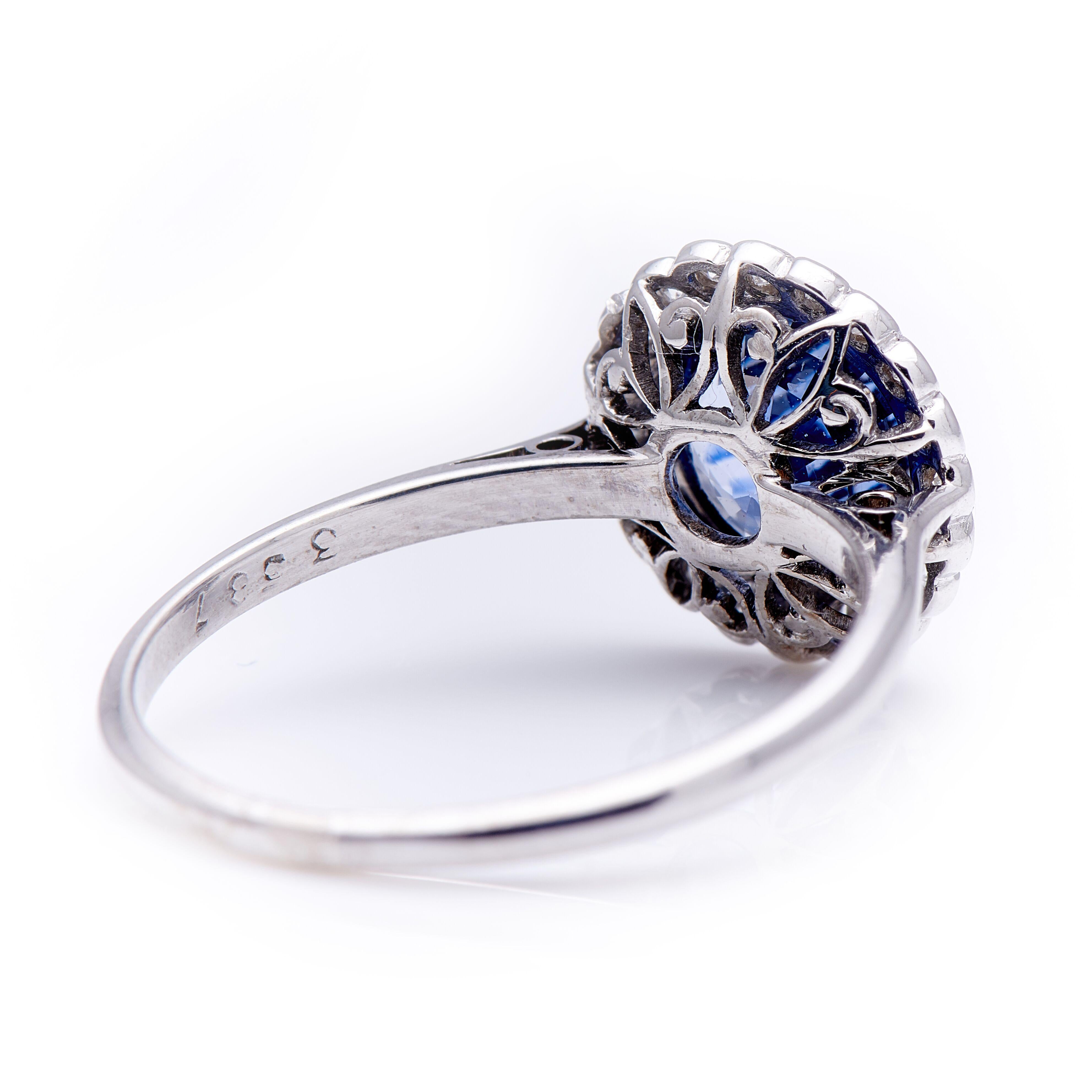 Old European Cut Antique, Edwardian 18 Carat White Gold, Sapphire and Diamond Cluster Ring