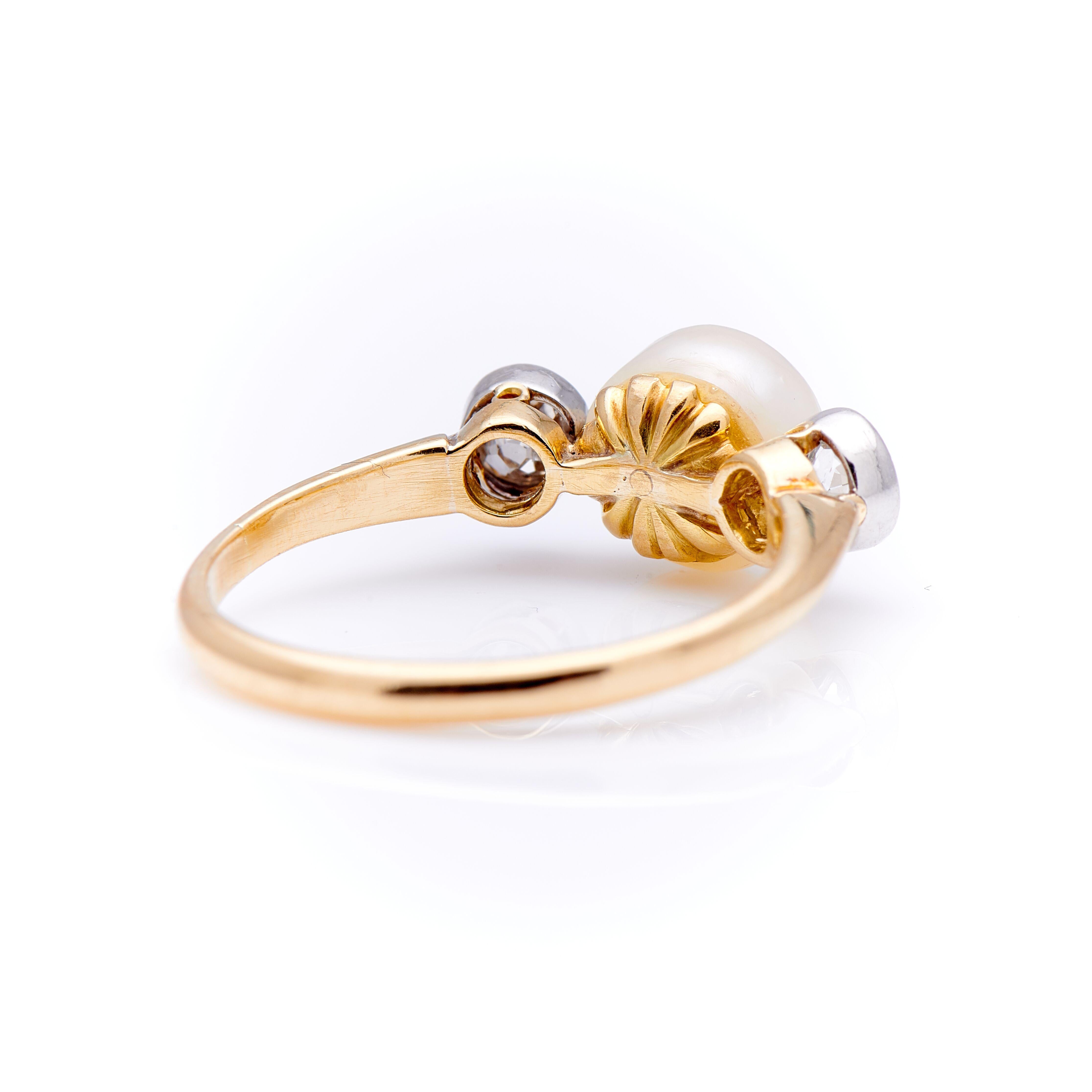 Old European Cut Antique, Edwardian, 18ct Yellow Gold, Natural Pearl and Diamond Three-Stone Ring