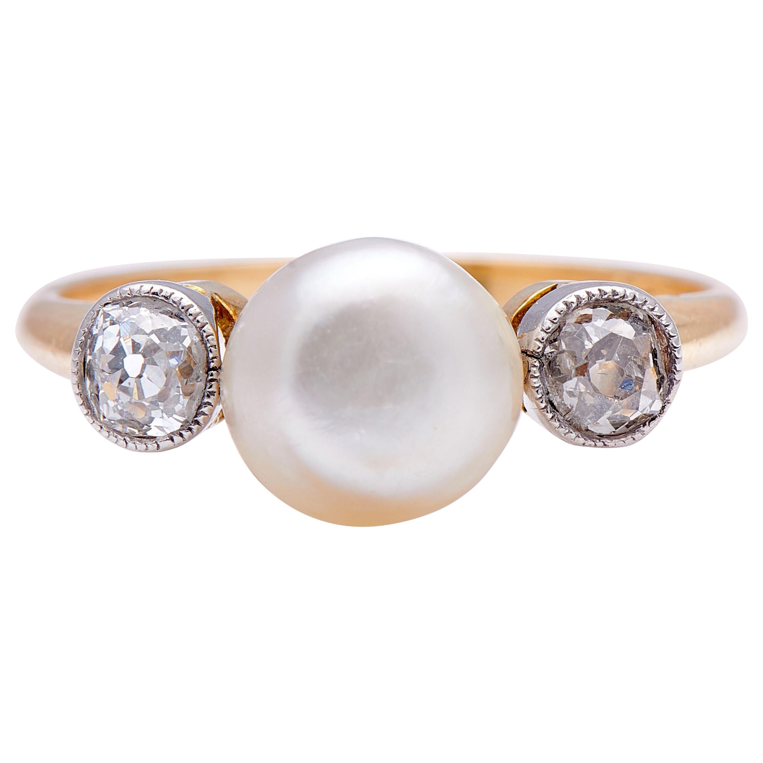 Antique, Edwardian, 18ct Yellow Gold, Natural Pearl and Diamond Three-Stone Ring