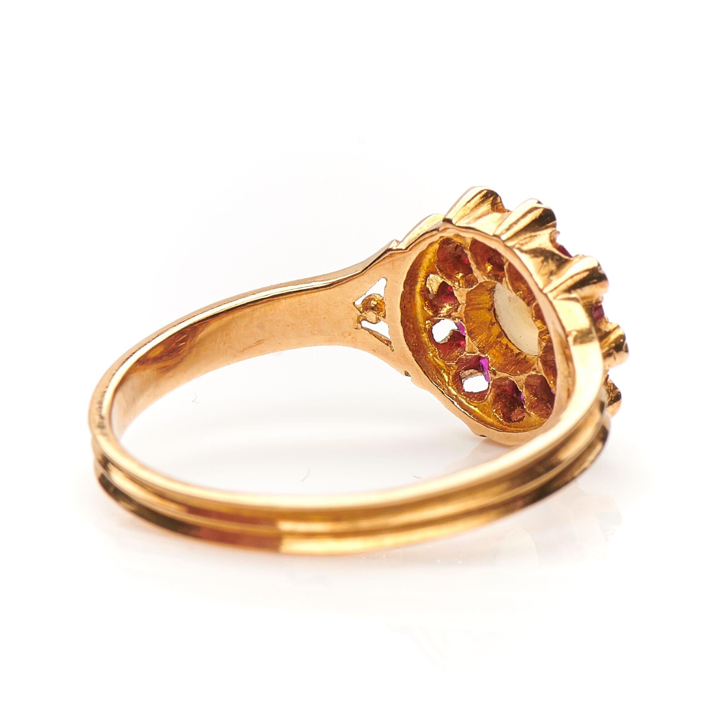 Old European Cut Antique, Edwardian, 18 Carat Yellow Gold, Ruby, Diamond and Pearl Cluster Ring