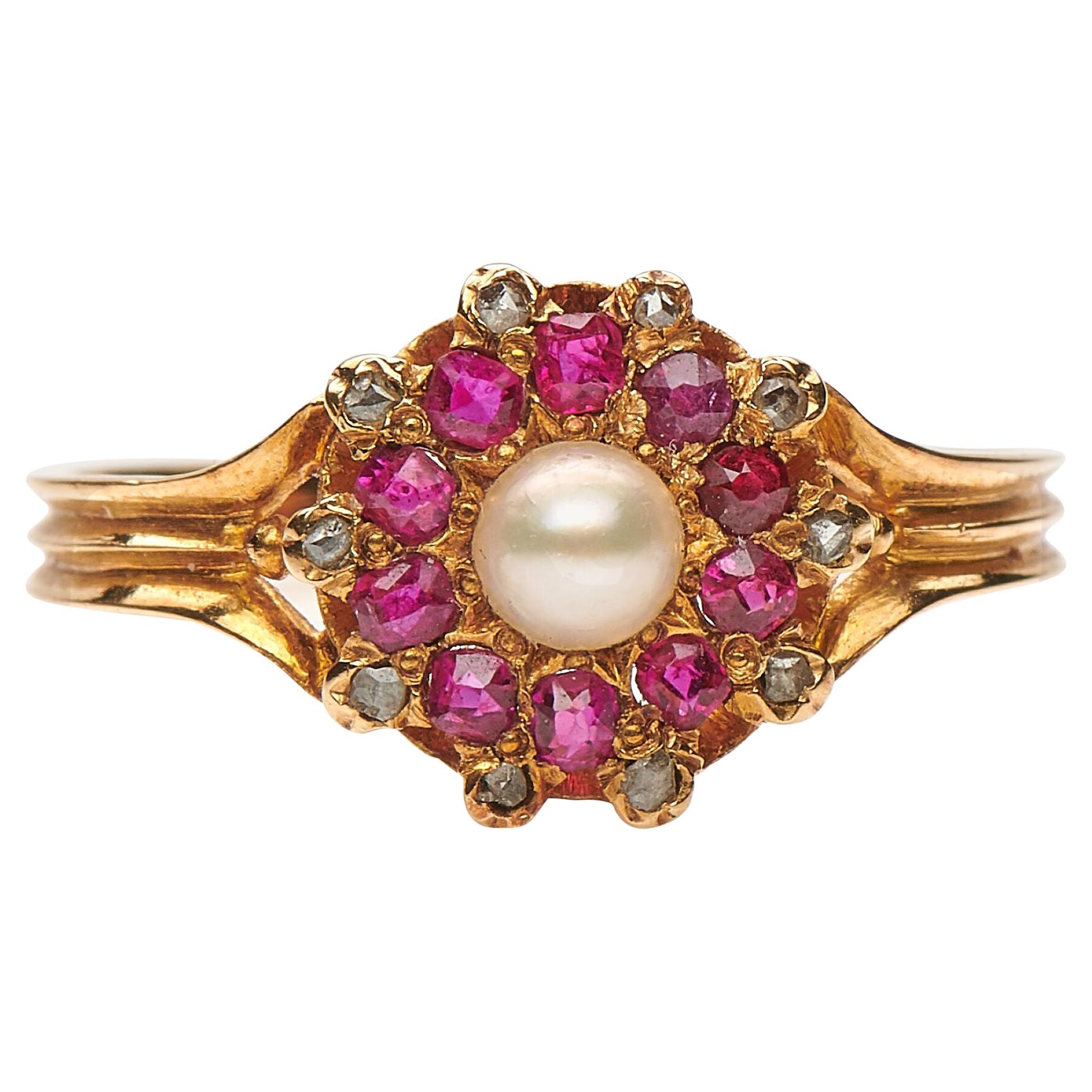 Antique, Edwardian, 18 Carat Yellow Gold, Ruby, Diamond and Pearl Cluster Ring