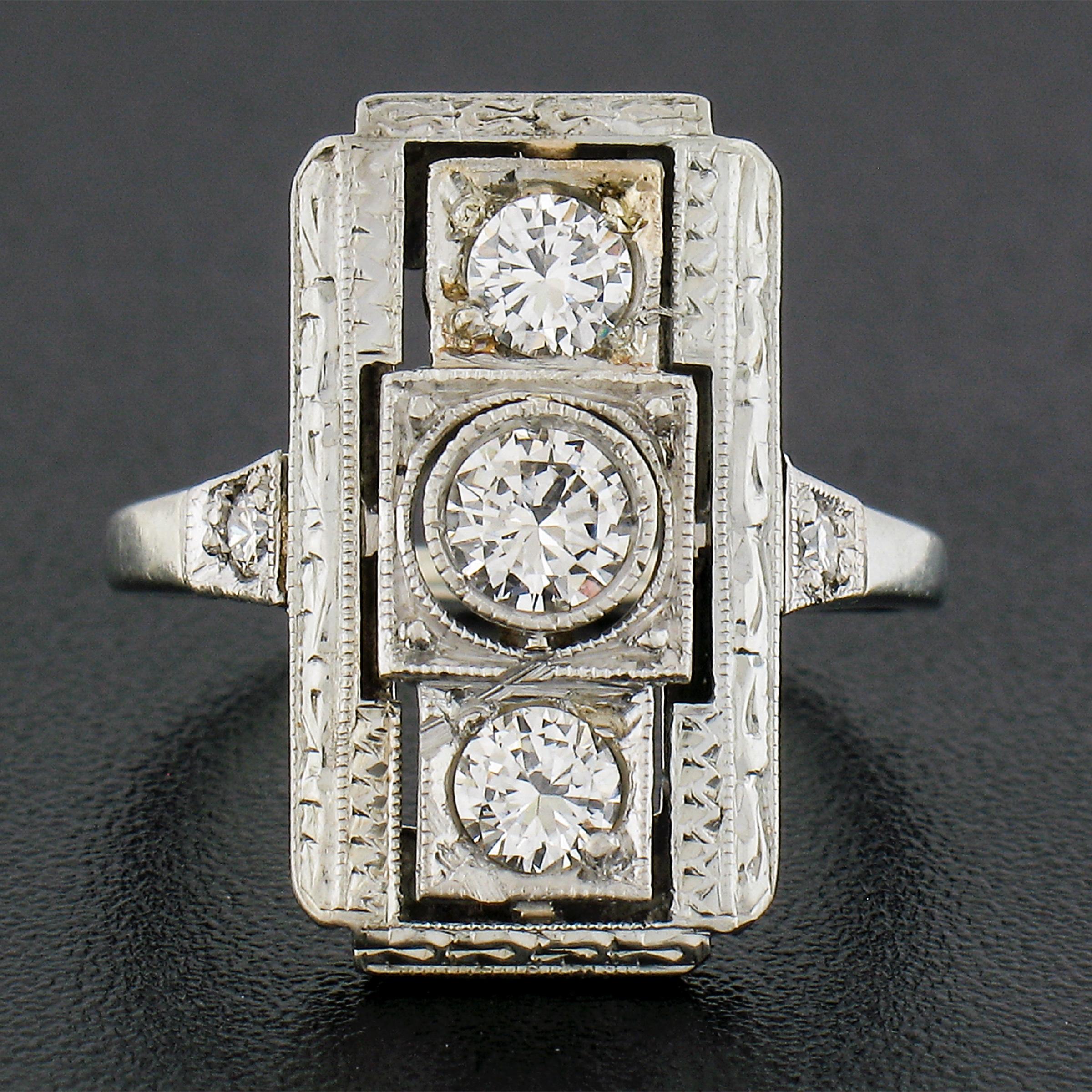Old European Cut Antique Edwardian 18K Gold 0.43ctw Old Diamond Etched Rectangular Dinner Ring For Sale