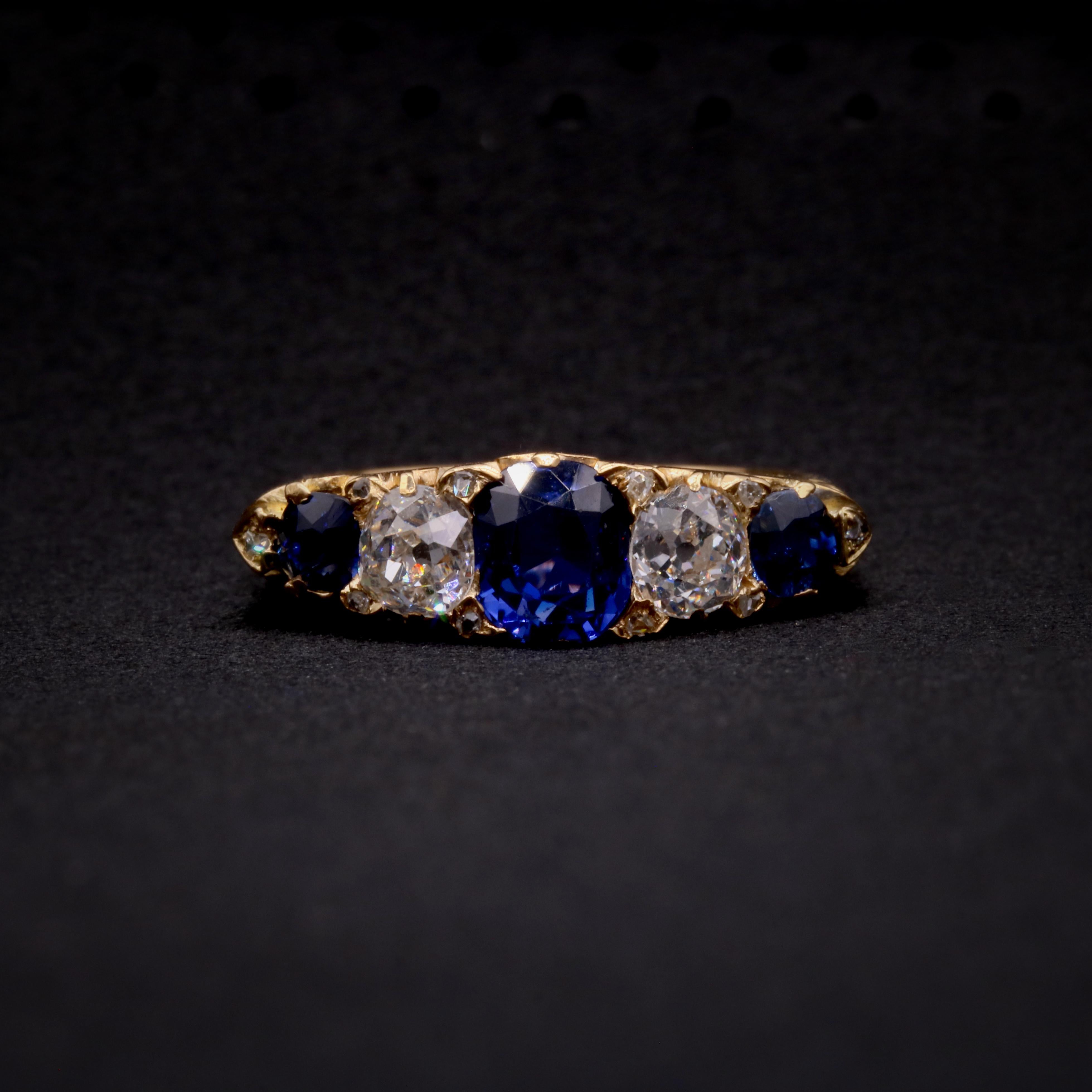 Old Mine Cut Antique Edwardian 18K Gold 1.51tgw Sapphire and Old Cut Diamond 5 Stone Ring For Sale
