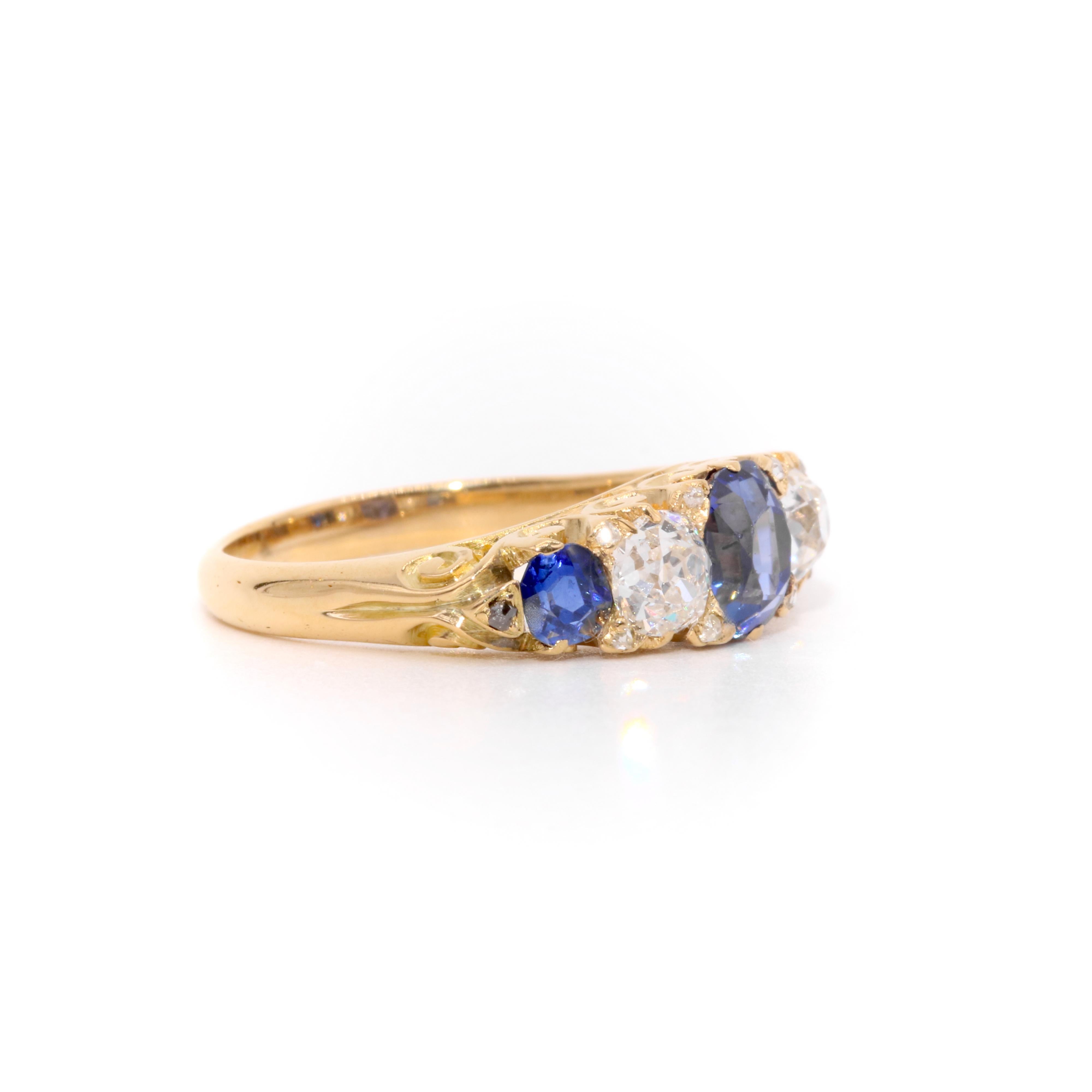 Women's or Men's Antique Edwardian 18K Gold 1.51tgw Sapphire and Old Cut Diamond 5 Stone Ring For Sale