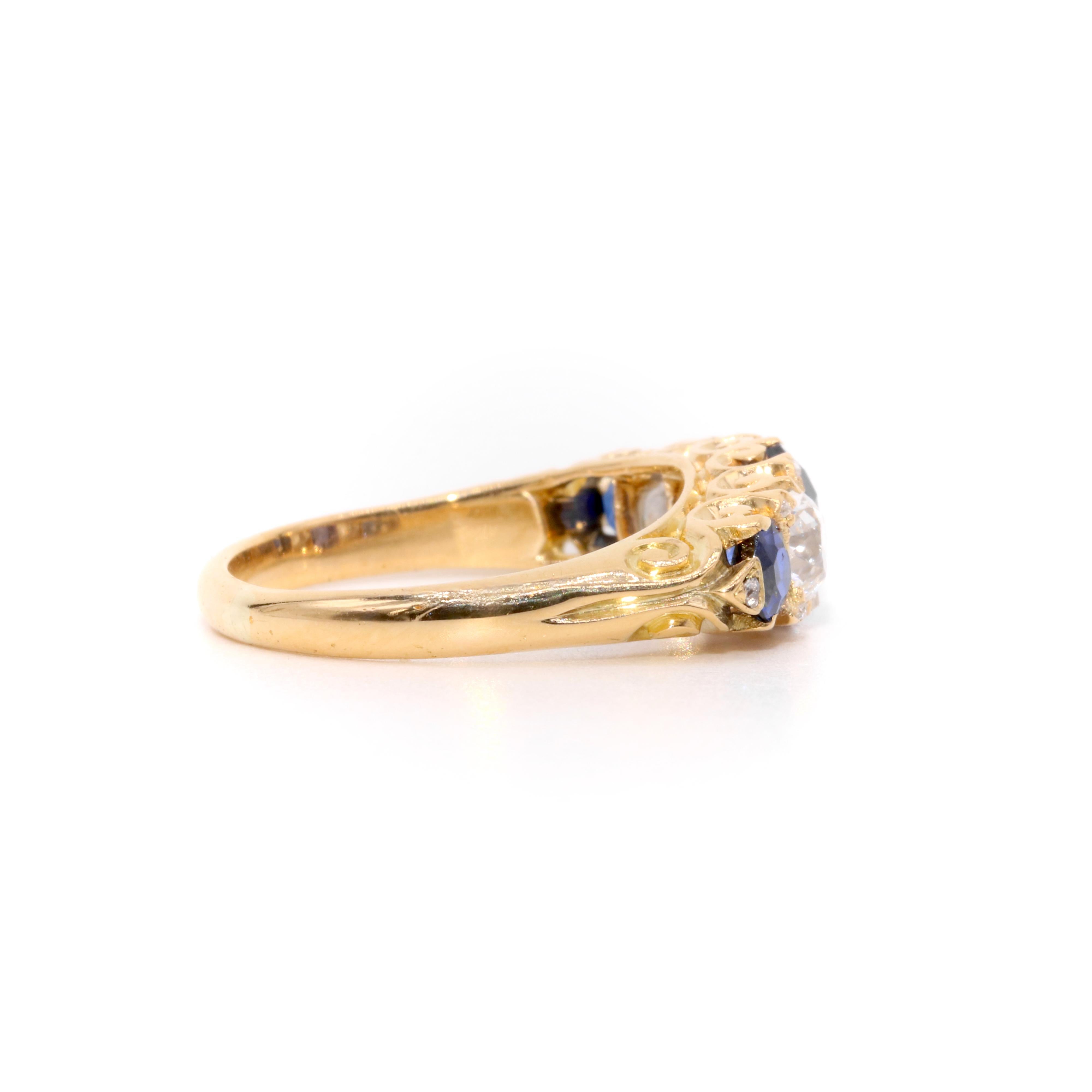 Antique Edwardian 18K Gold 1.51tgw Sapphire and Old Cut Diamond 5 Stone Ring For Sale 1