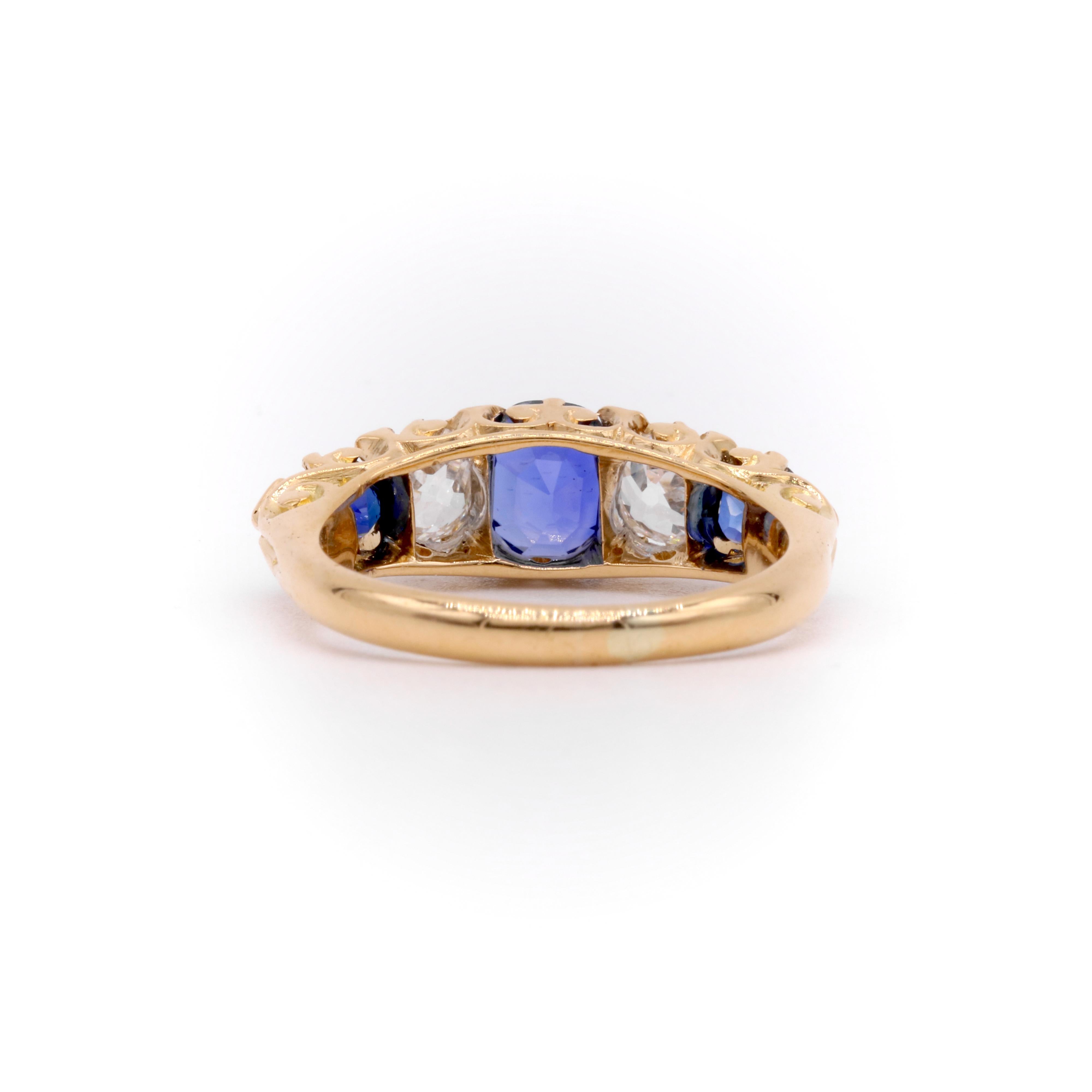 Antique Edwardian 18K Gold 1.51tgw Sapphire and Old Cut Diamond 5 Stone Ring For Sale 2
