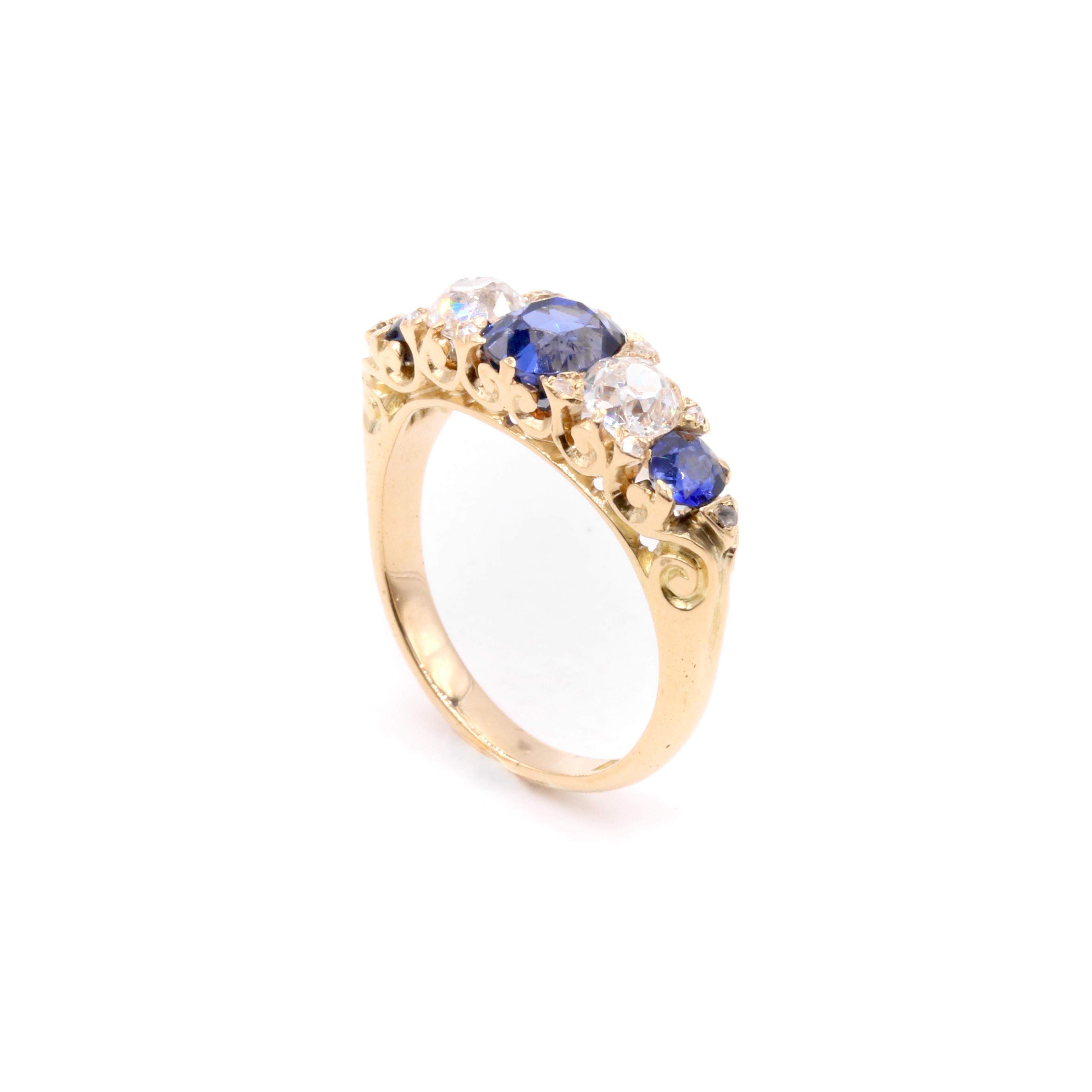 Antique Edwardian 18K Gold 1.51tgw Sapphire and Old Cut Diamond 5 Stone Ring For Sale 3
