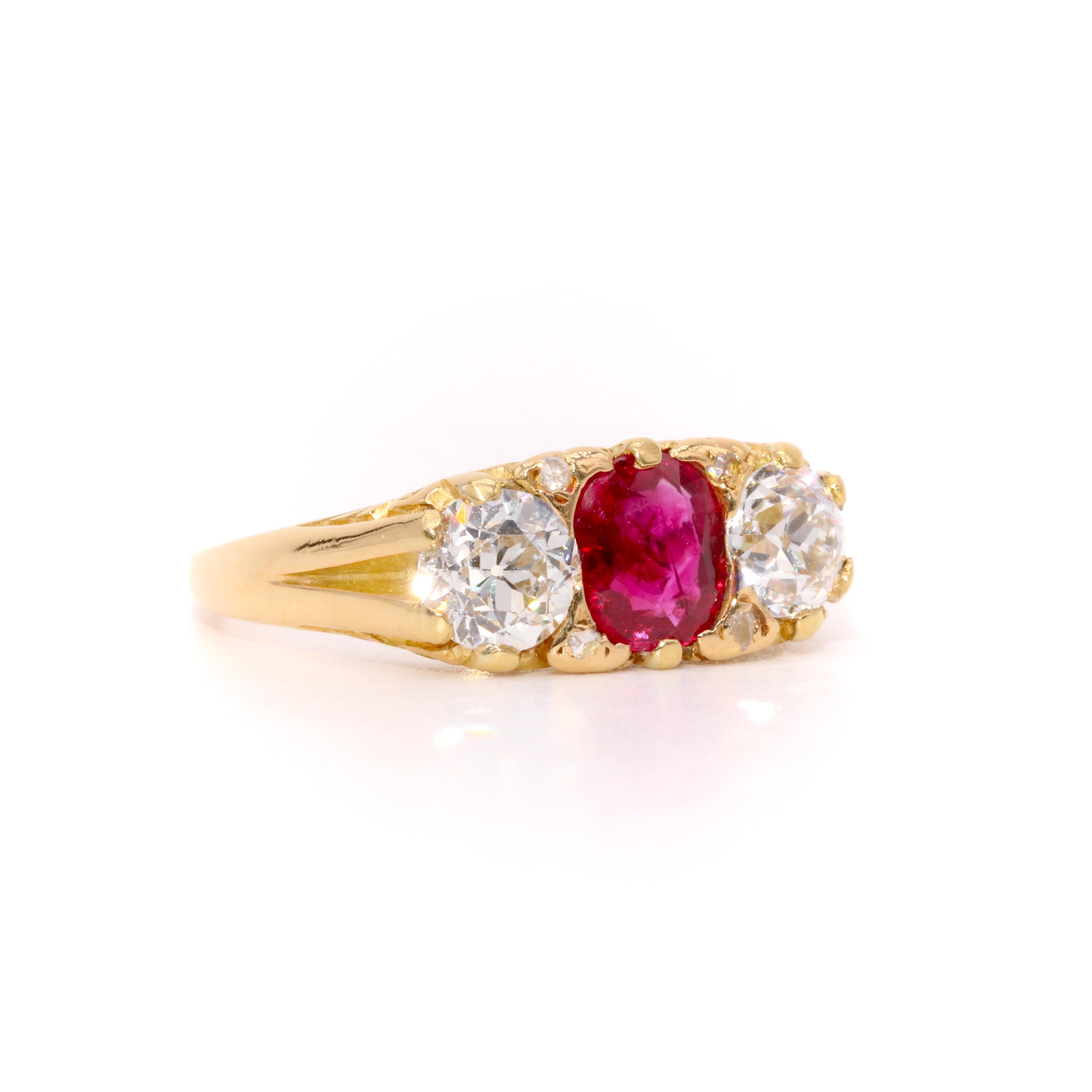 Women's or Men's Antique Edwardian 18K Gold 2.28tgw Ruby & Old European Cut Diamond Trilogy Ring For Sale