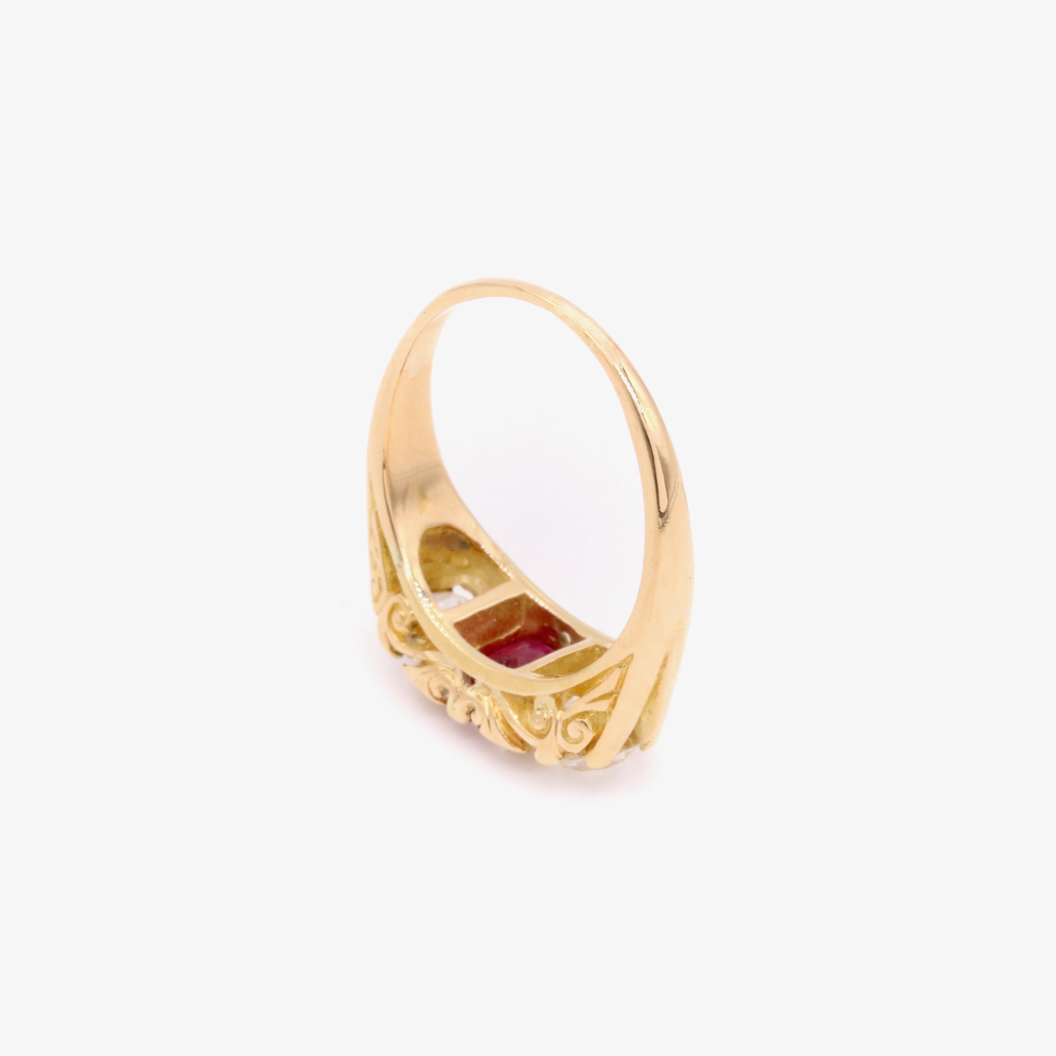 Antique Edwardian 18K Gold 2.28tgw Ruby & Old European Cut Diamond Trilogy Ring For Sale 5