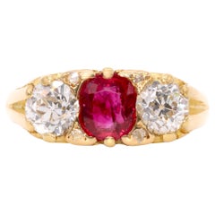 Antique Edwardian 18K Gold 2.28tgw Ruby & Old European Cut Diamond Trilogy Ring