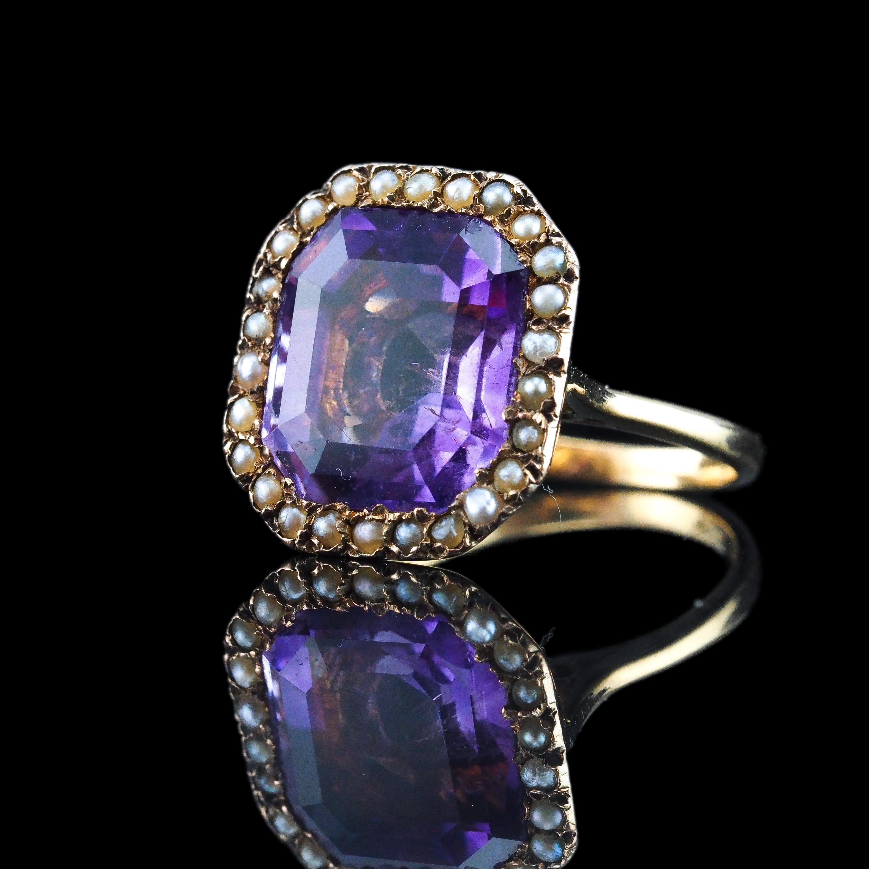 Antiker Edwardianischer 18K Gold Amethyst & Perlen Ring Smaragdschliff - um 1900 im Angebot 9