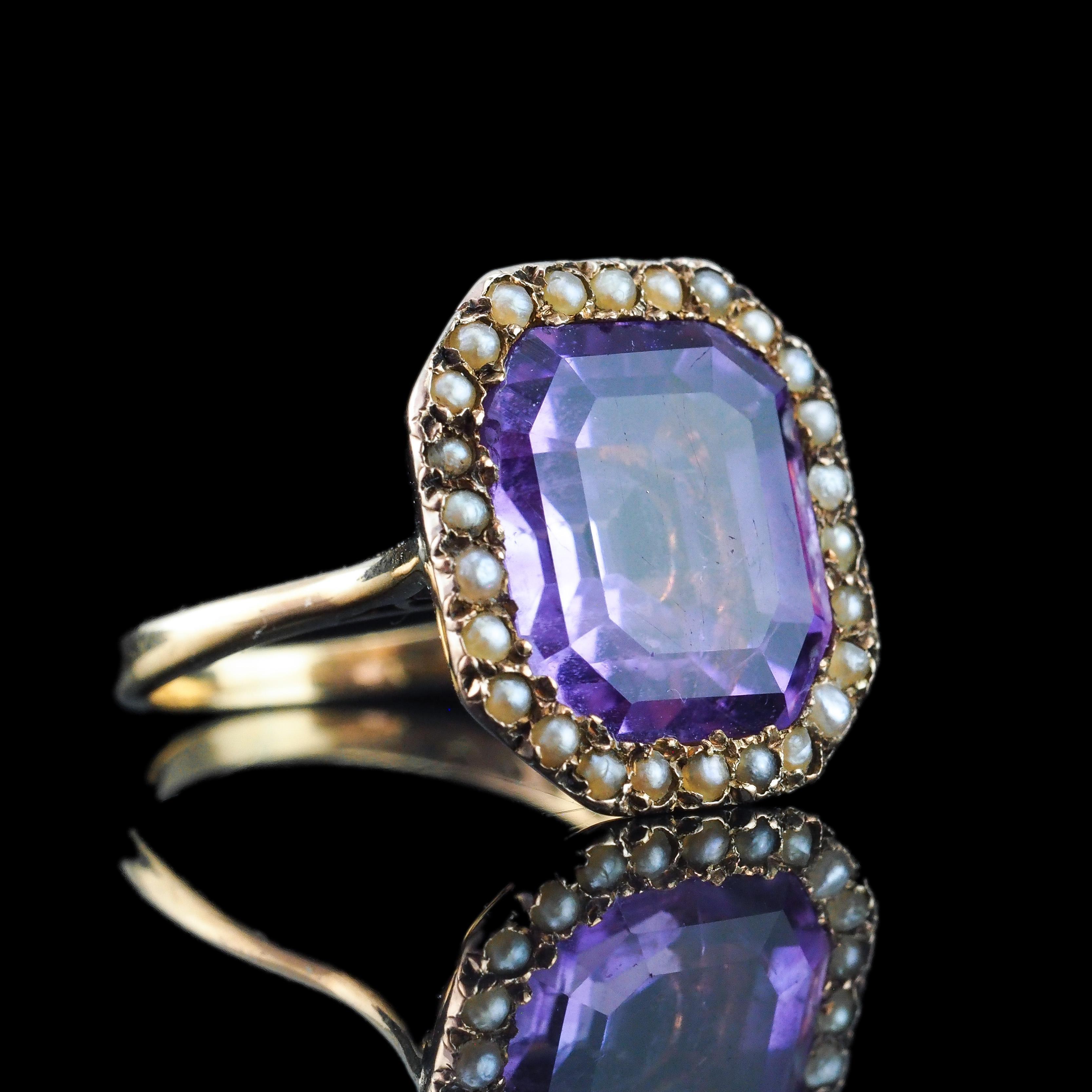 Antiker Edwardianischer 18K Gold Amethyst & Perlen Ring Smaragdschliff - um 1900 im Angebot 10