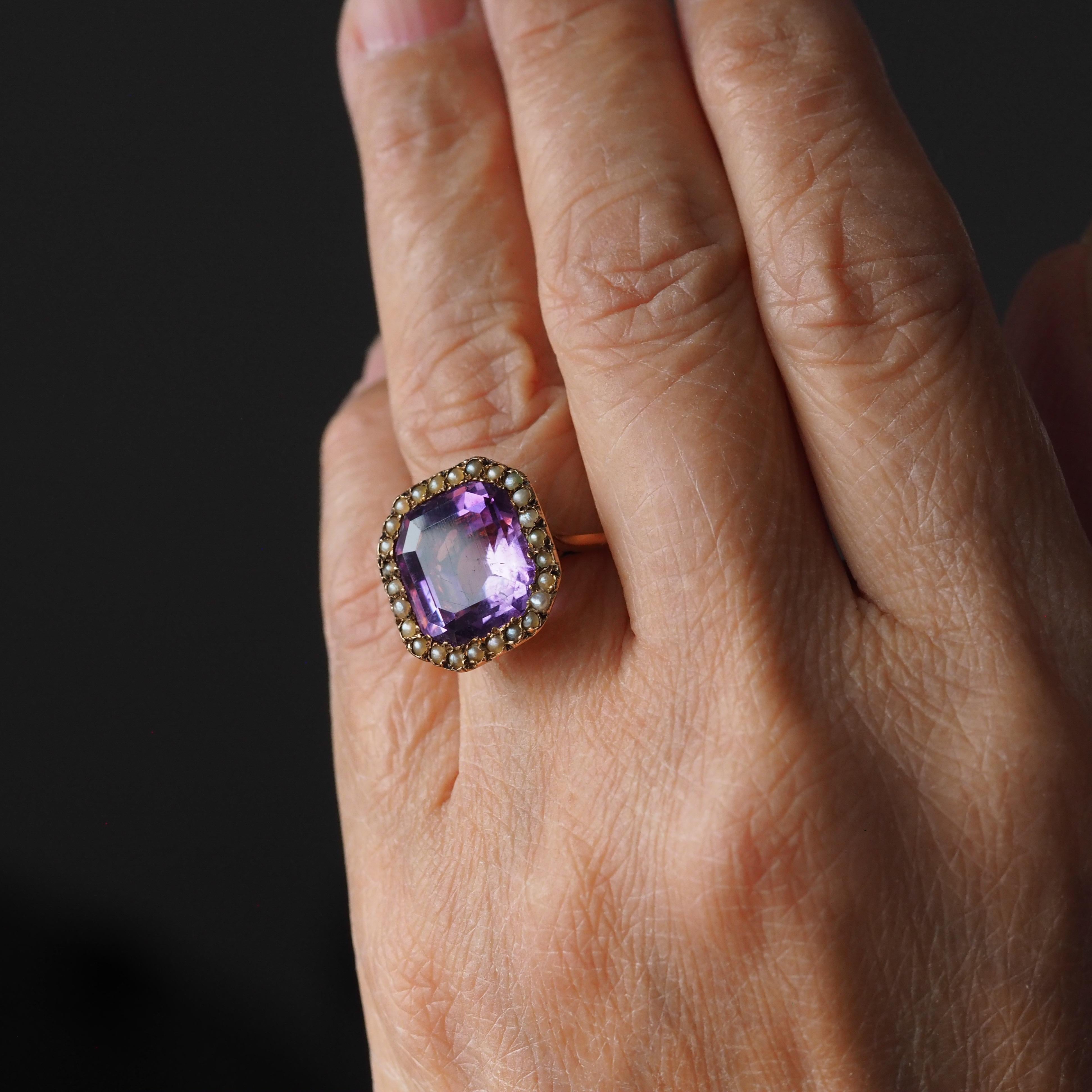 Antiker Edwardianischer 18K Gold Amethyst & Perlen Ring Smaragdschliff - um 1900 im Angebot 14