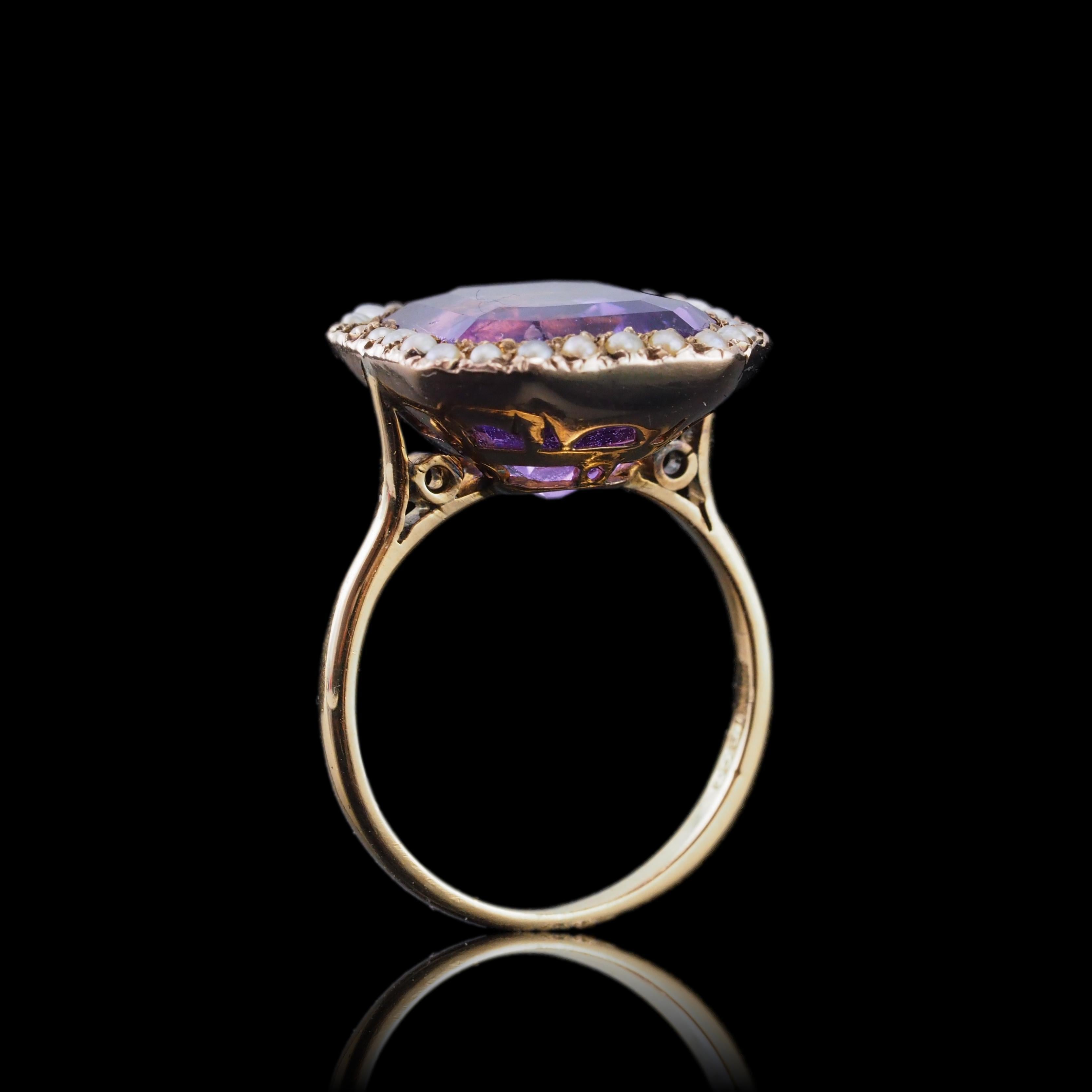 Antiker Edwardianischer 18K Gold Amethyst & Perlen Ring Smaragdschliff - um 1900 Damen im Angebot
