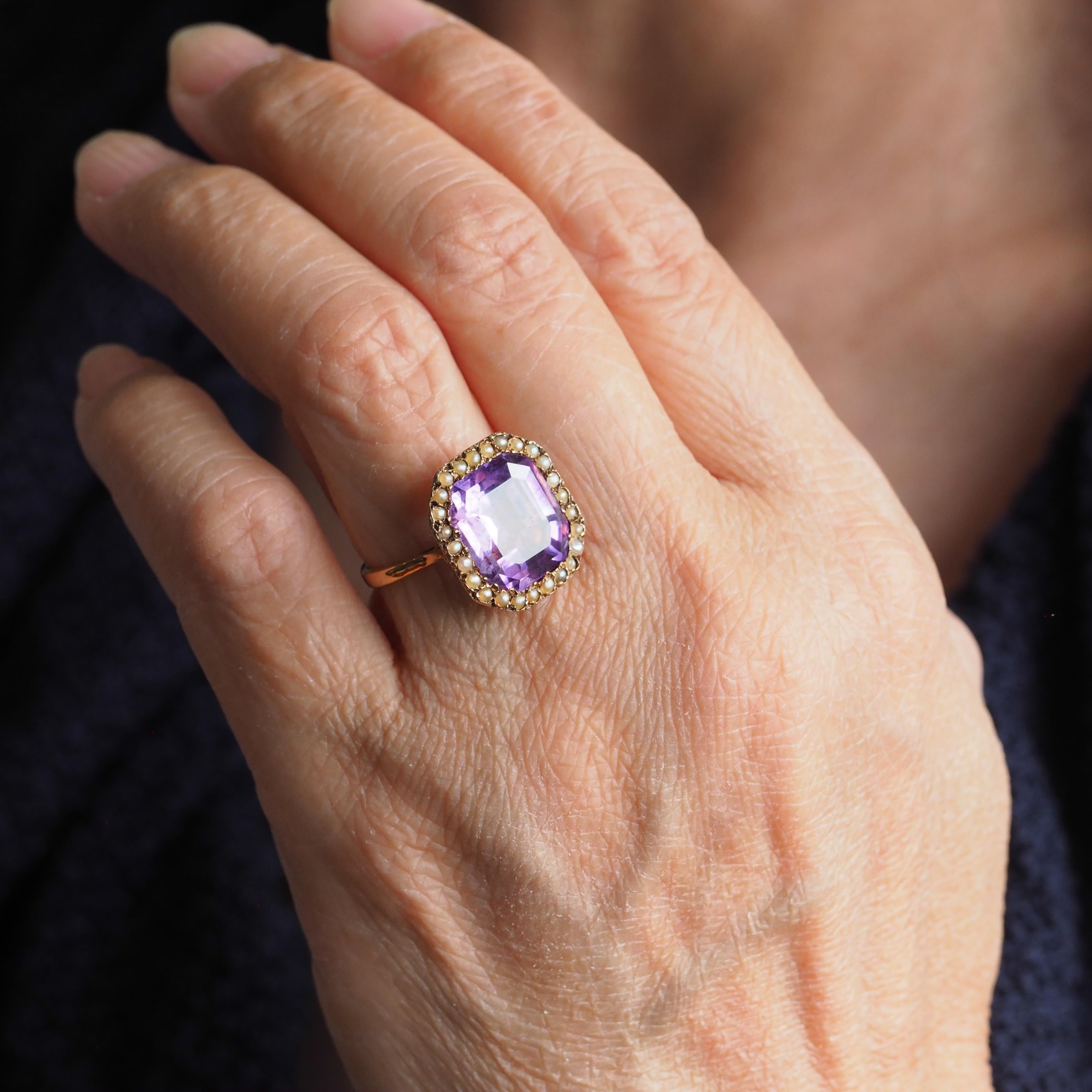 Antiker Edwardianischer 18K Gold Amethyst & Perlen Ring Smaragdschliff - um 1900 im Angebot 1