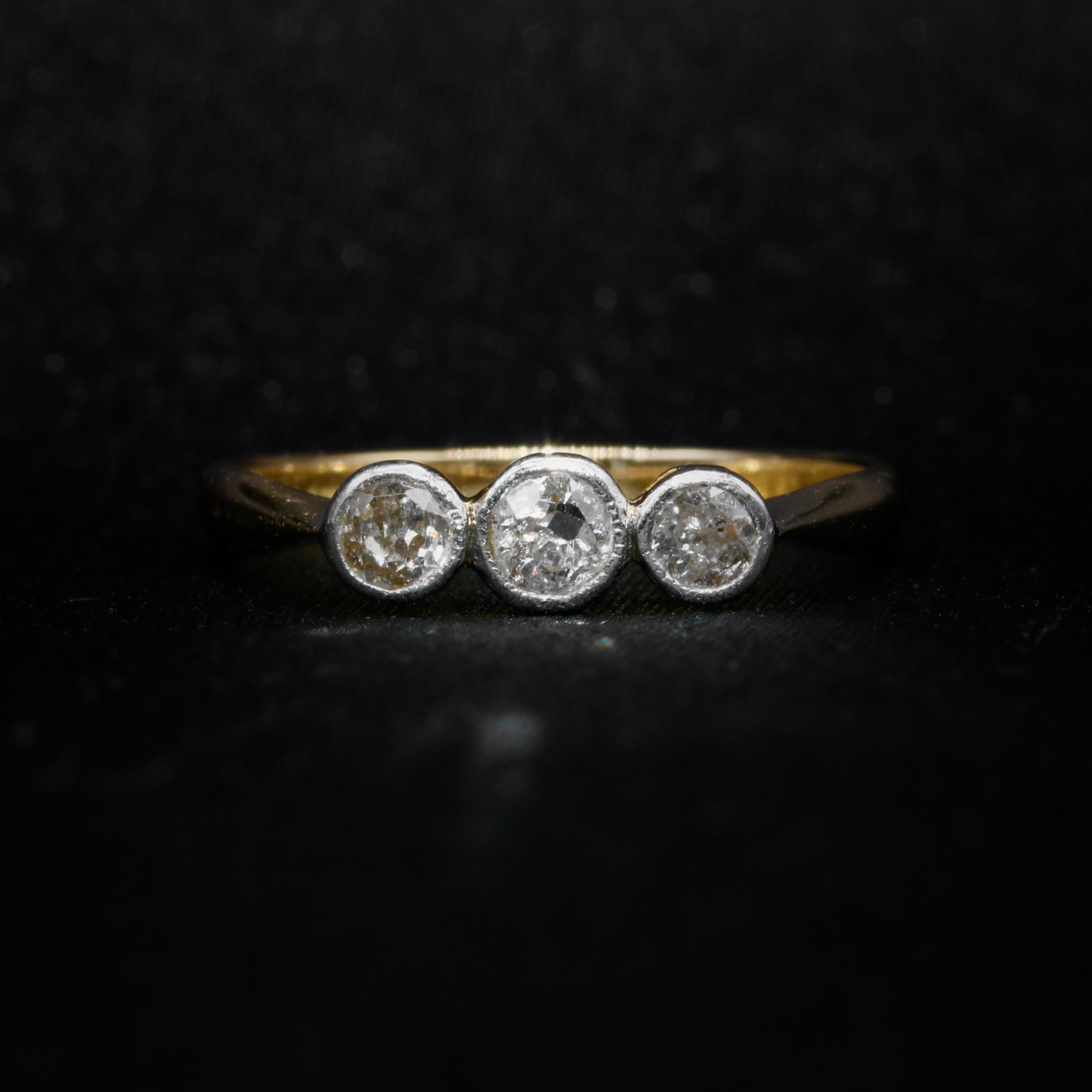 Old European Cut Antique Edwardian 18K Gold and Platinum 0.55ctw Old Cut Diamond Trilogy Ring For Sale
