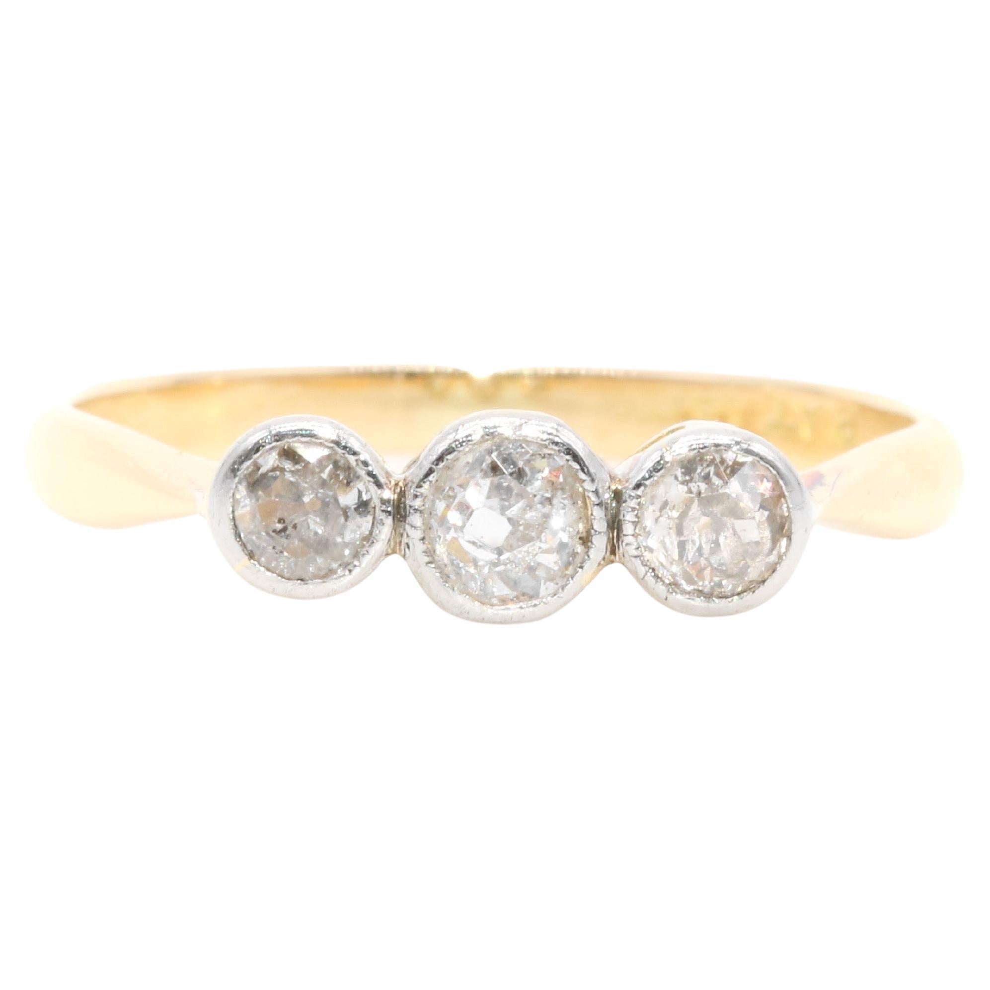 Antique Edwardian 18K Gold and Platinum 0.55ctw Old Cut Diamond Trilogy Ring