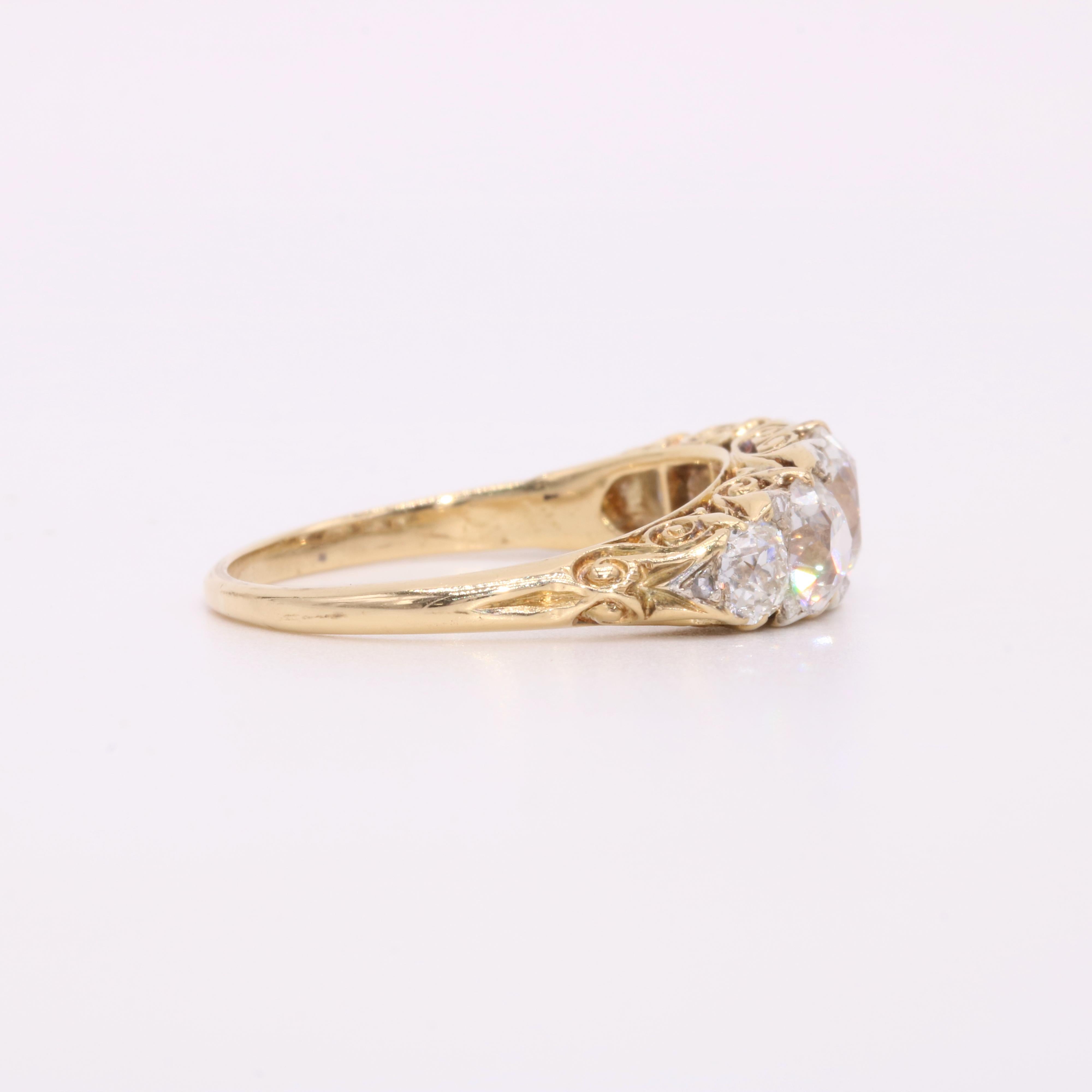 Antique Edwardian 18K Gold and Platinum 2.47ctw 5 Stone Old Cut Diamond Ring For Sale 1