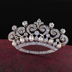 Antique Edwardian 18K Gold and Platinum Old Cut Diamond Pearl Tiara Pin Brooch
