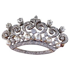 Antique Edwardian 18K Gold and Platinum Old Cut Diamond Pearl Tiara Pin Brooch