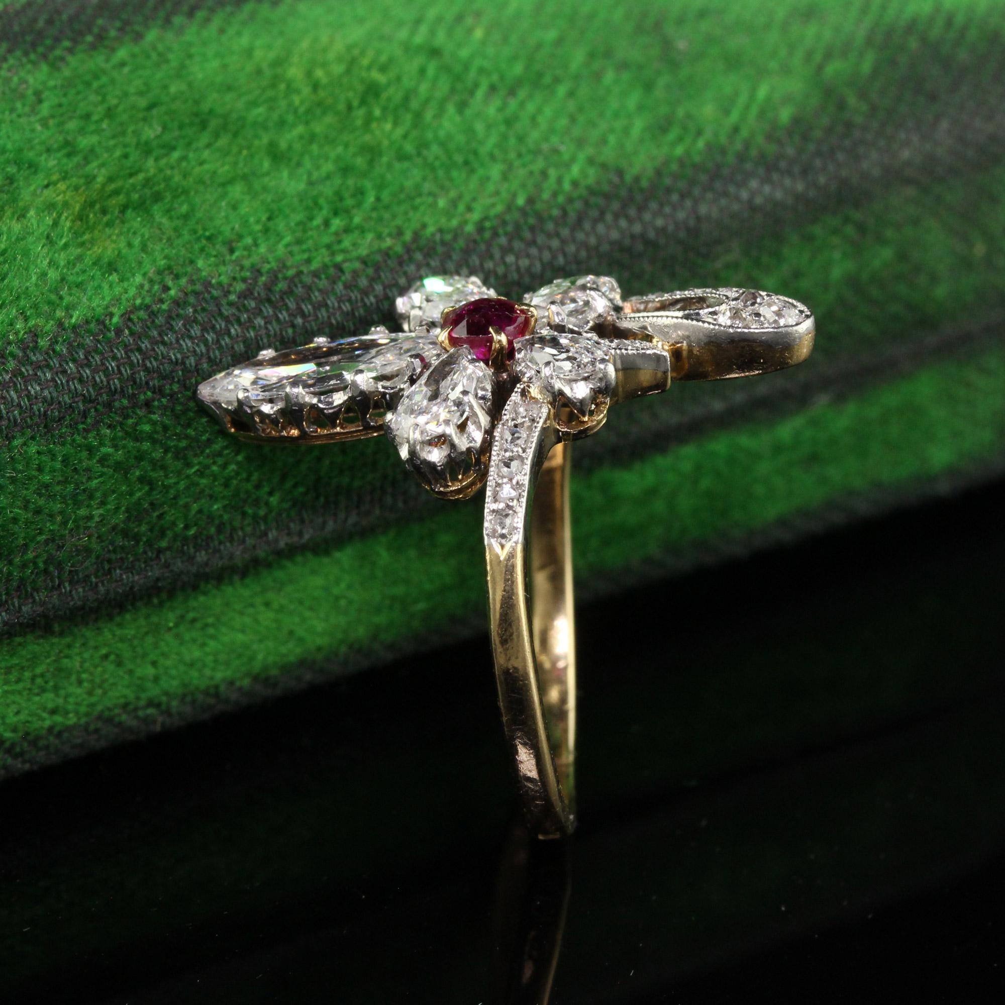 Marquise Cut Antique Edwardian 18K Gold and Platinum Old Marquise Diamond Ruby Cocktail Ring For Sale