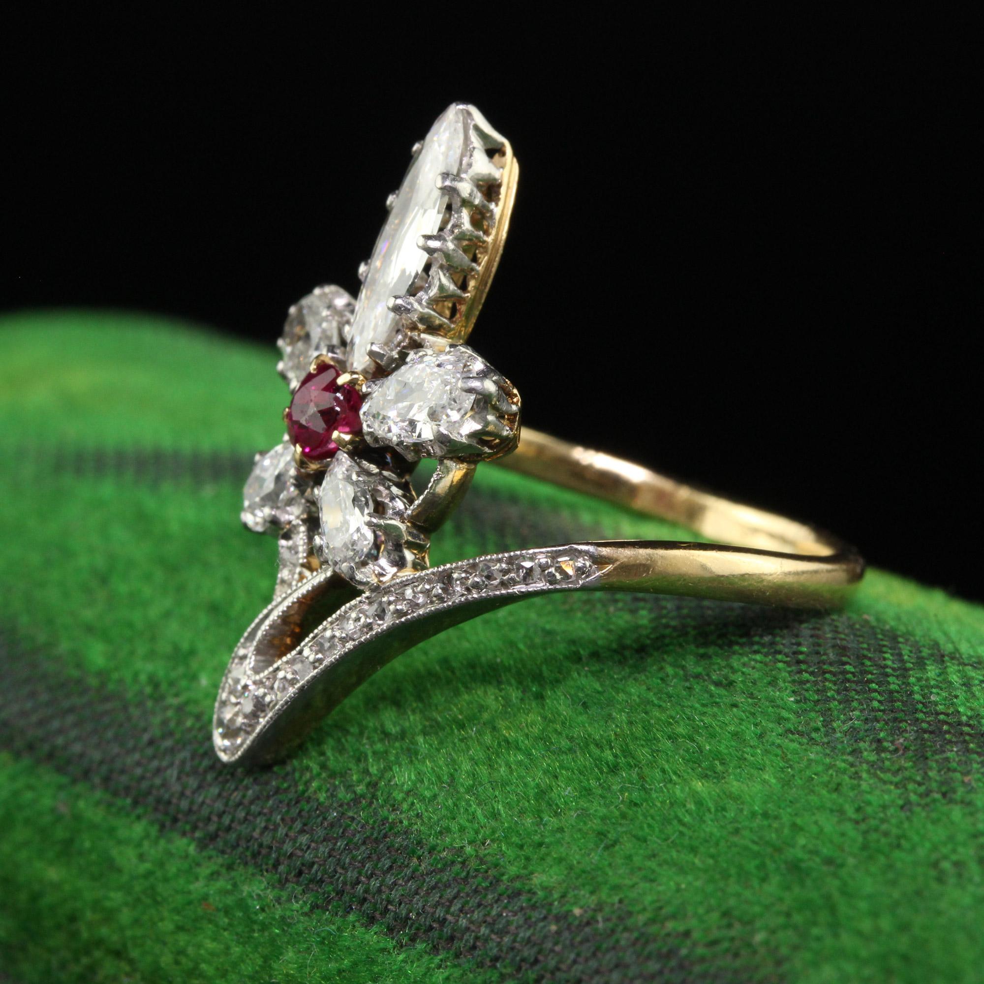 Antique Edwardian 18K Gold and Platinum Old Marquise Diamond Ruby Cocktail Ring In Good Condition For Sale In Great Neck, NY
