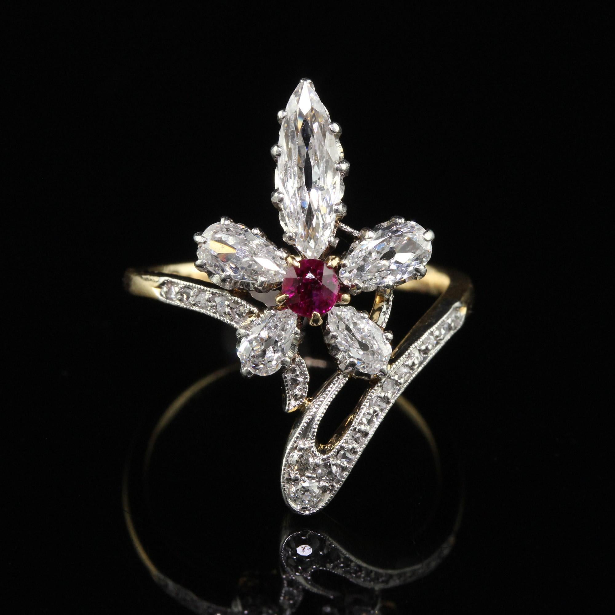 Antique Edwardian 18K Gold and Platinum Old Marquise Diamond Ruby Cocktail Ring For Sale 1