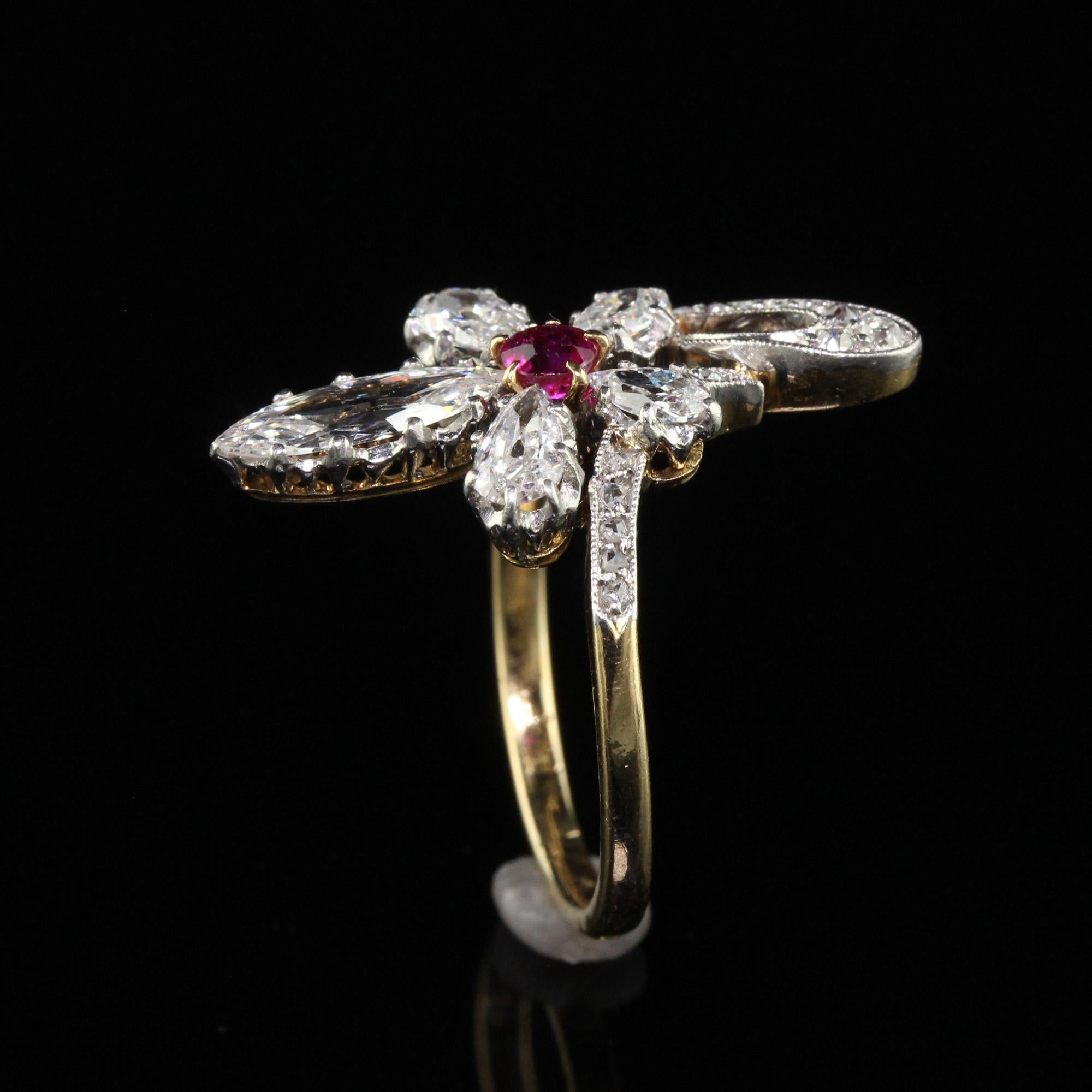 Antique Edwardian 18K Gold and Platinum Old Marquise Diamond Ruby Cocktail Ring For Sale 3