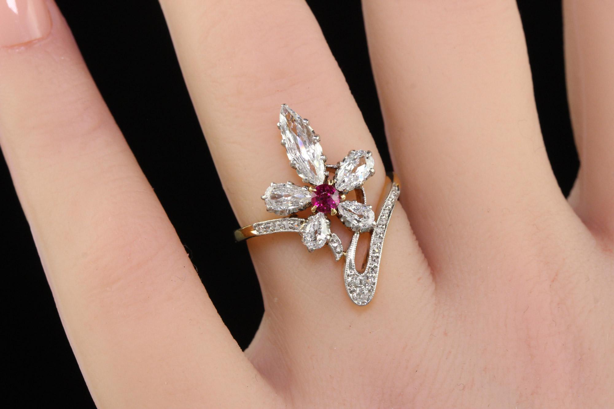 Antique Edwardian 18K Gold and Platinum Old Marquise Diamond Ruby Cocktail Ring For Sale 4