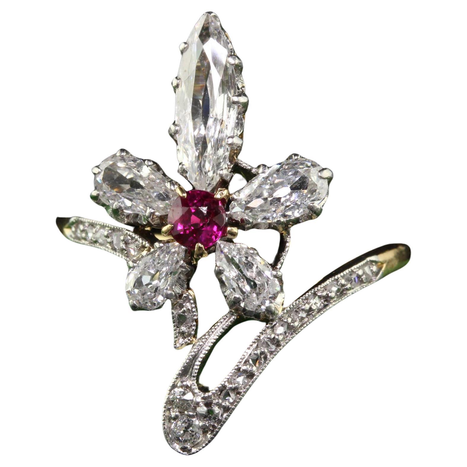 Antique Edwardian 18K Gold and Platinum Old Marquise Diamond Ruby Cocktail Ring For Sale