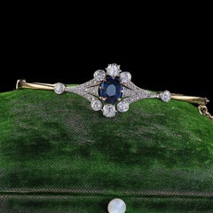 Antique Edwardian 18K Gold and Platinum Sapphire Diamond Bangle Bracelet - GIA