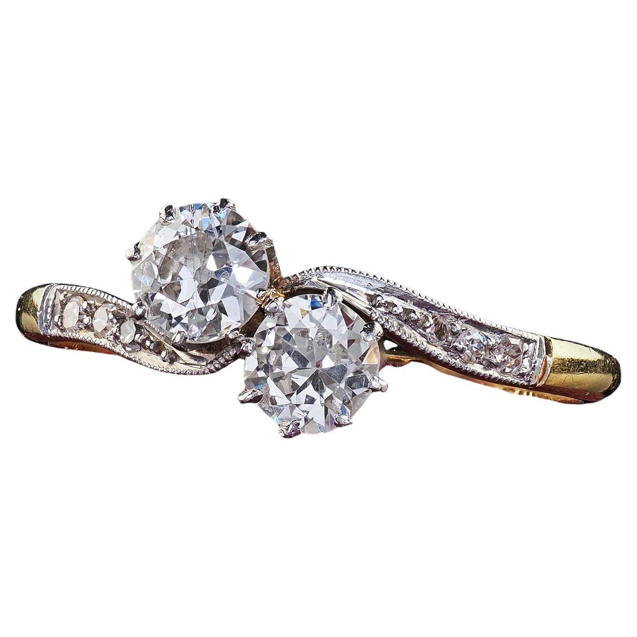Bague ancienne édouardienne en or 18 carats et platine Toi et Moi, diamant vieux européen