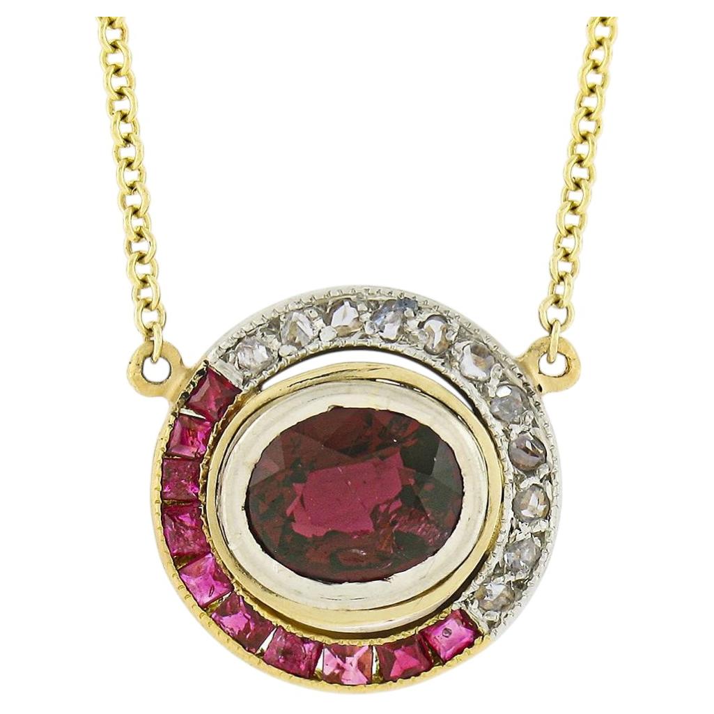 Antique Edwardian 18k Gold GIA NO HEAT Oval Ruby & Diamond Pendant Necklace