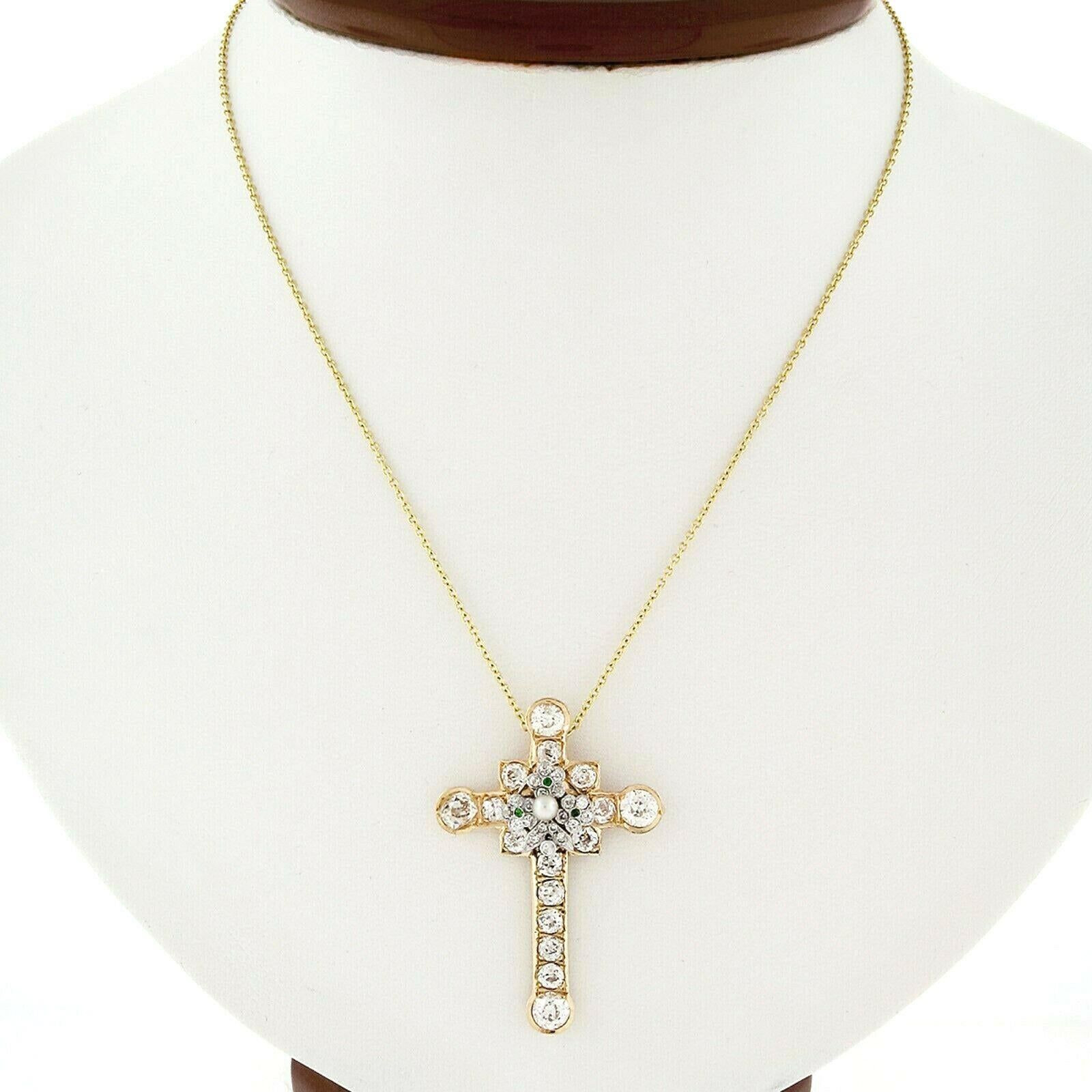 Old Mine Cut Edwardian 18 Karat Gold Old Diamond Tsavorite Pearl Cross Pendant Necklace