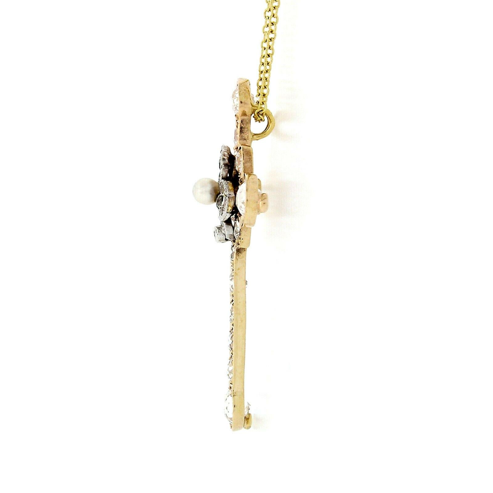 Edwardian 18 Karat Gold Old Diamond Tsavorite Pearl Cross Pendant Necklace In Fair Condition In Montclair, NJ