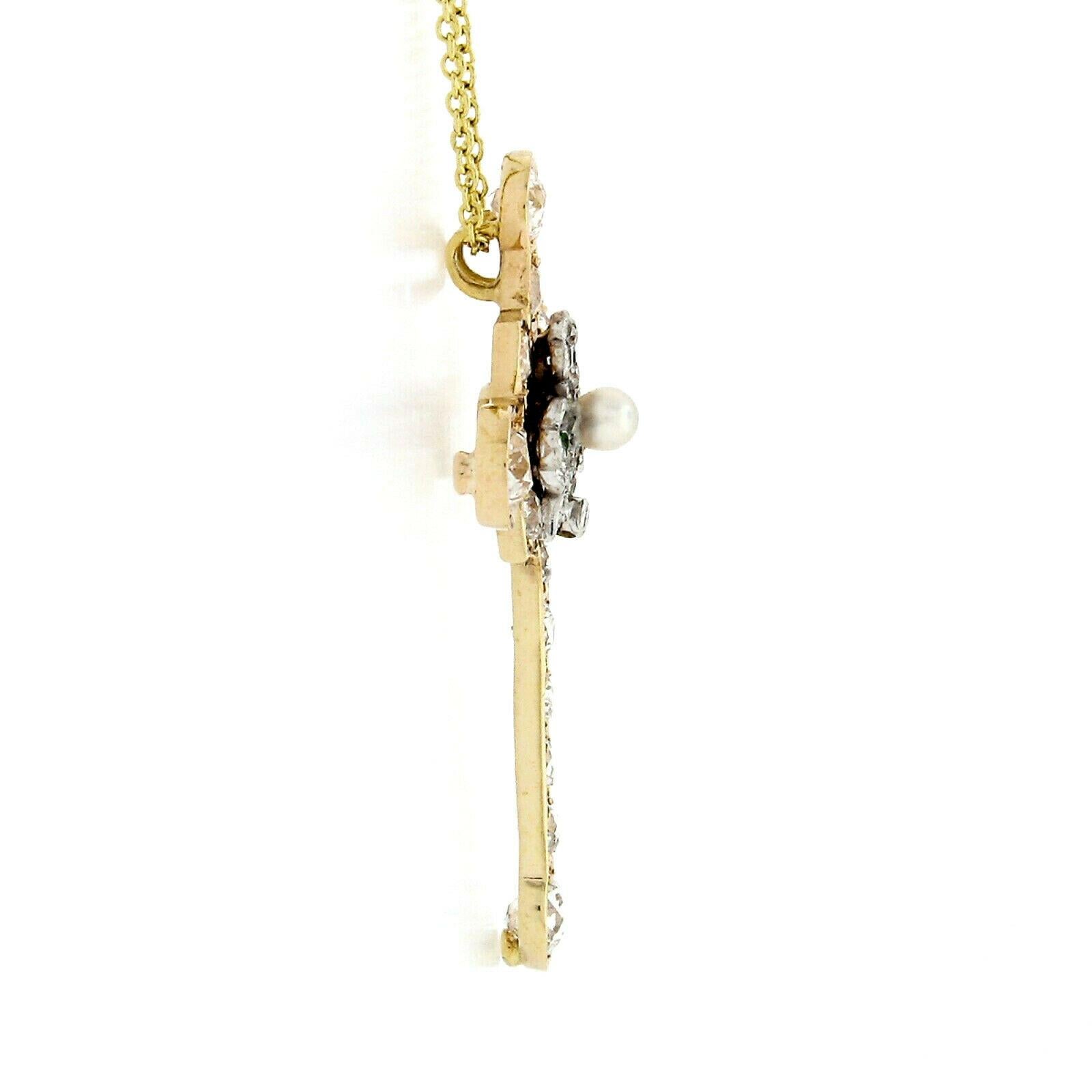 Women's or Men's Edwardian 18 Karat Gold Old Diamond Tsavorite Pearl Cross Pendant Necklace