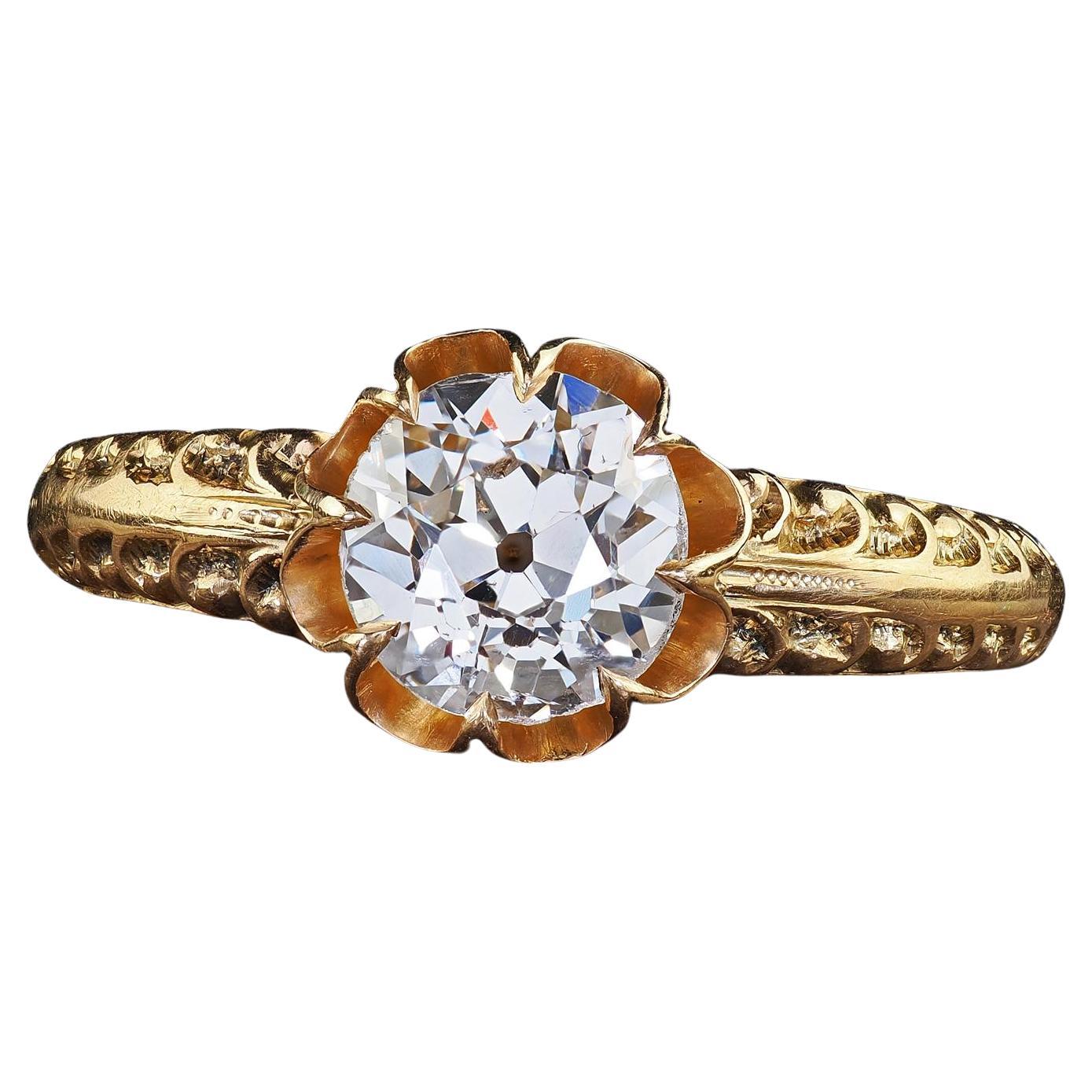 Antiker Edwardianischer 18K Gold Alter Europäischer Diamant Butterblumen Verlobungsring - GIA