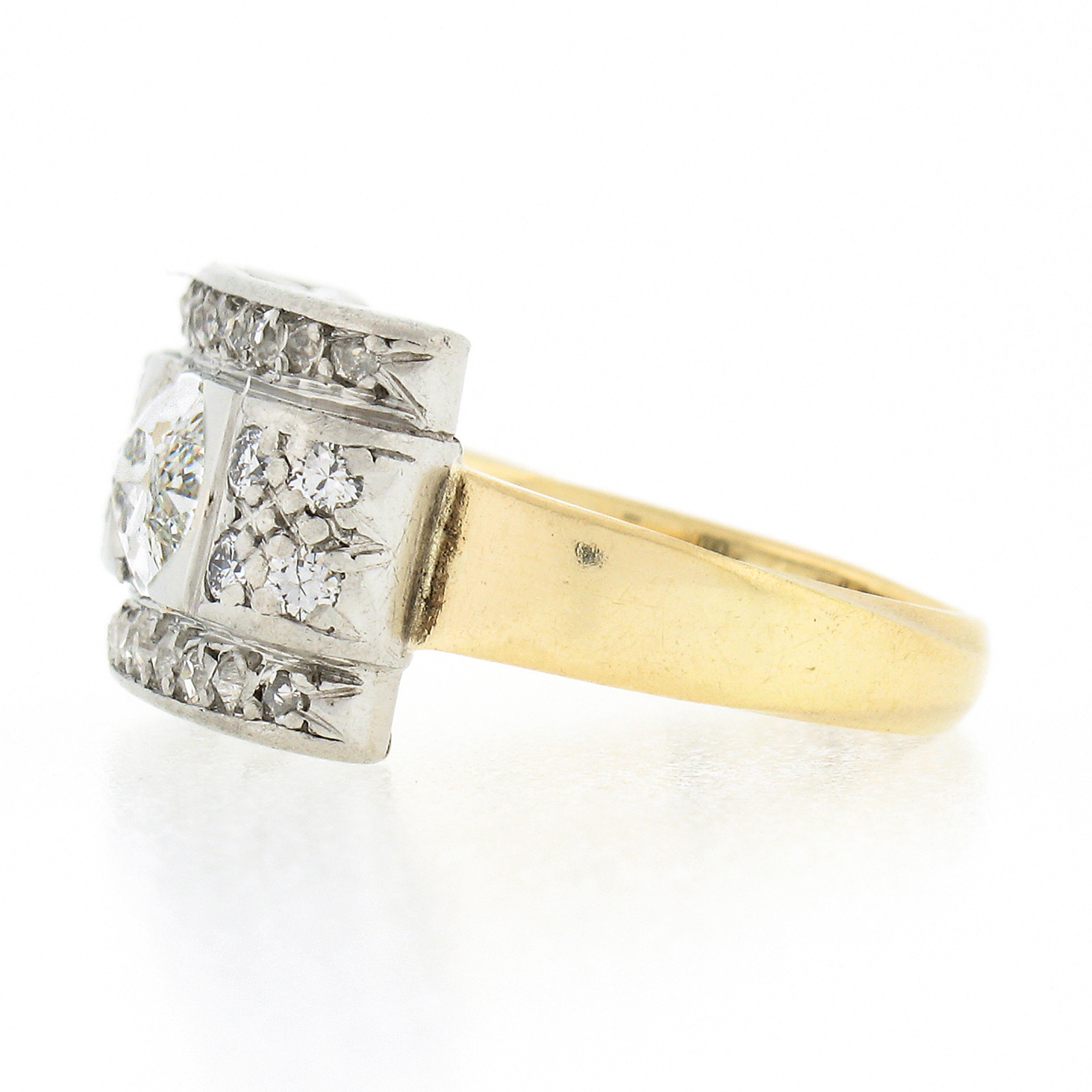 Women's Antique Edwardian 18k Gold & Plat 1.40ct GIA Oval Diamond & Accents Platter Ring For Sale
