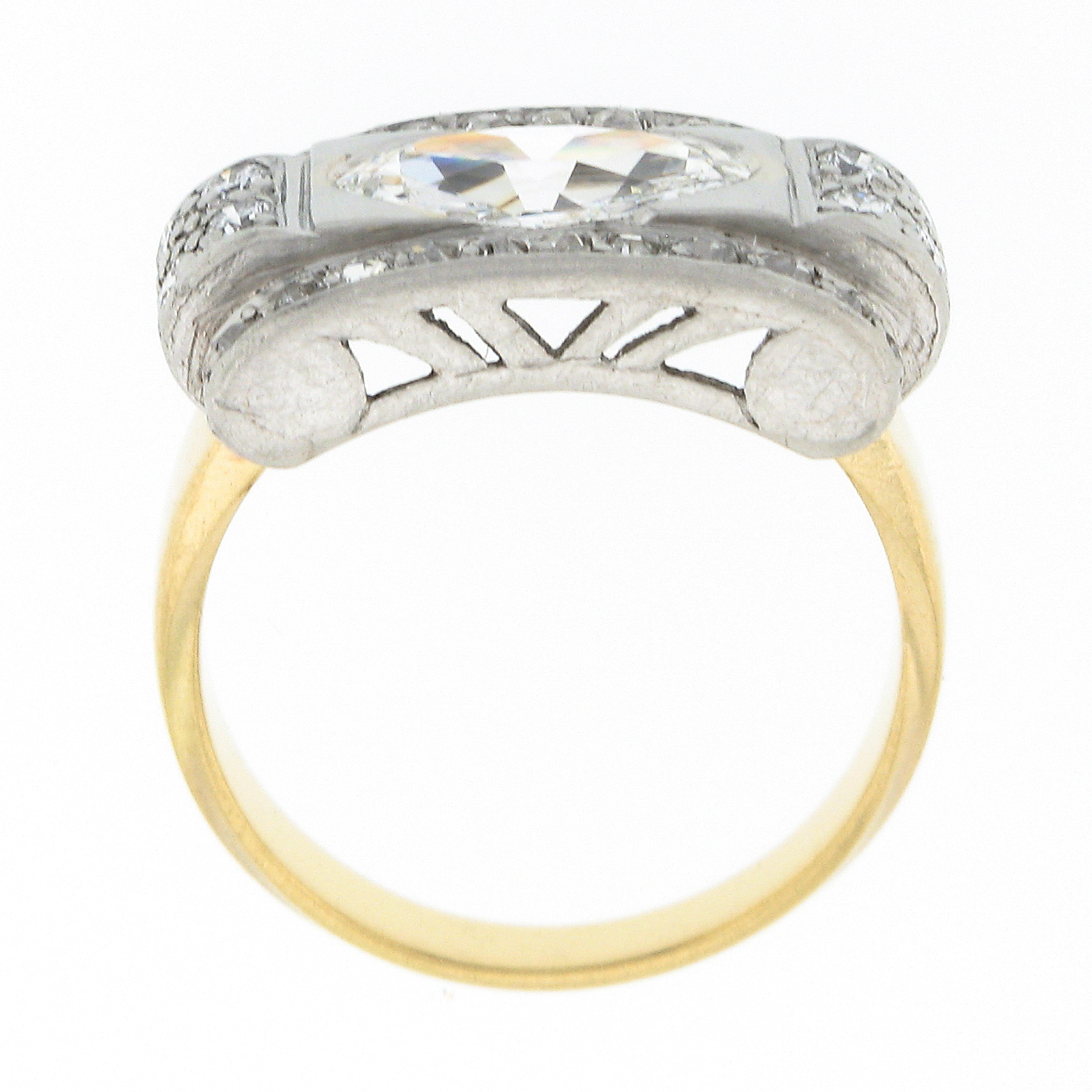 Antique Edwardian 18k Gold & Plat 1.40ct GIA Oval Diamond & Accents Platter Ring For Sale 2